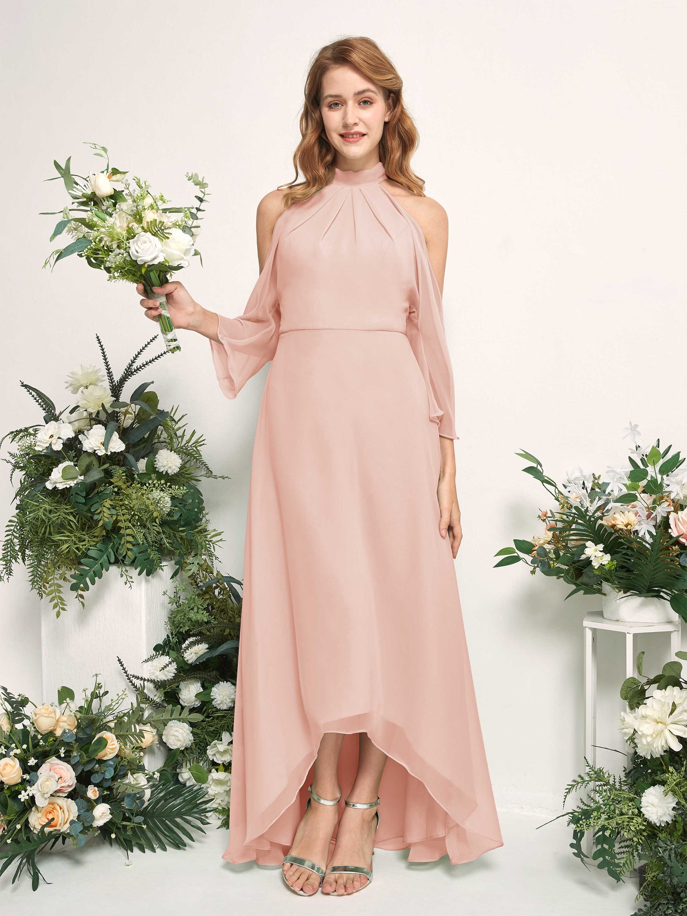 Carlyna A-Linien Brautjungfernkleid Rundhals Bodenlang Chiffon Perlrosa #farbe_perlrosa