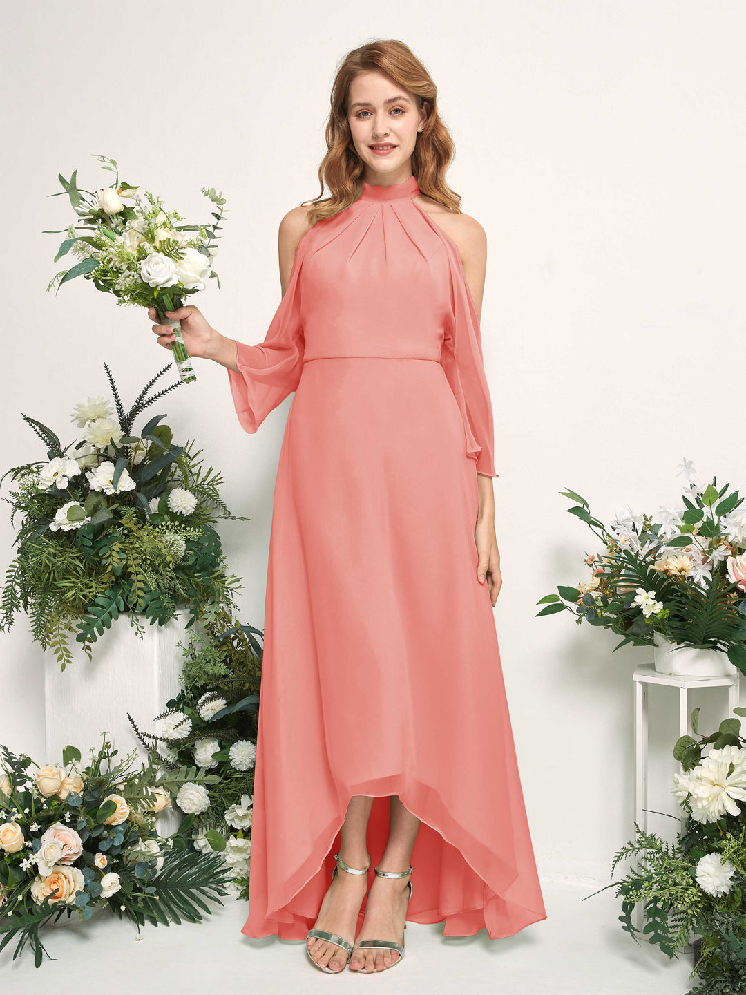 Carlyna A-Linien Brautjungfernkleid Rundhals Bodenlang Chiffon Pfirsichrosa 