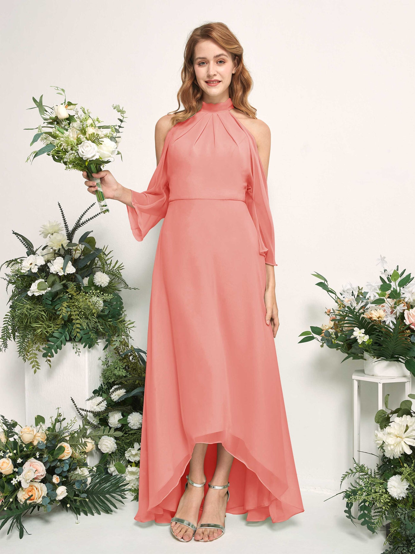 Carlyna A-Linien Brautjungfernkleid Rundhals Bodenlang Chiffon Pfirsichrosa #farbe_pfirsichrosa