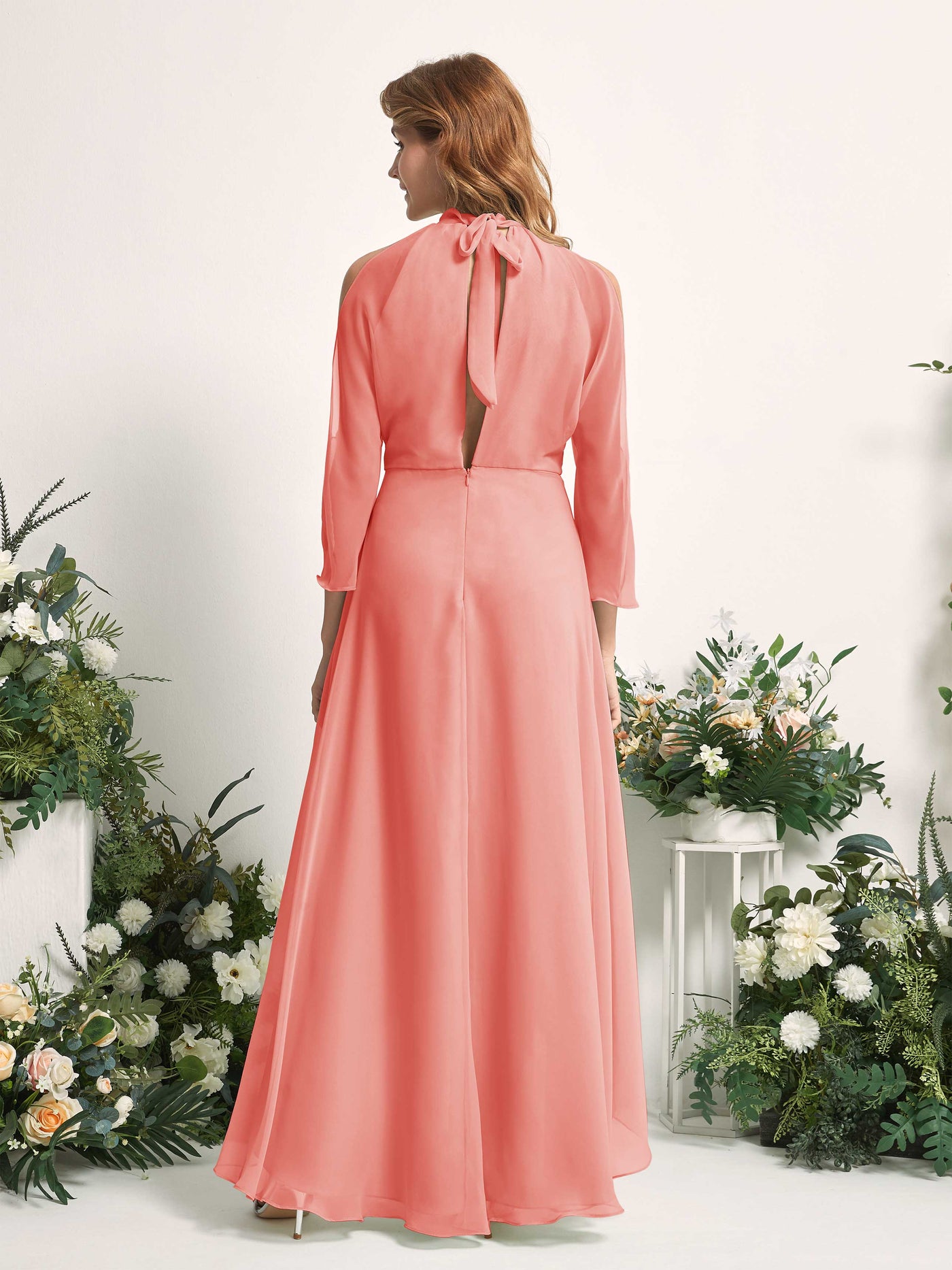 Carlyna A-Linien Brautjungfernkleid Rundhals Bodenlang Chiffon Pfirsichrosa #farbe_pfirsichrosa
