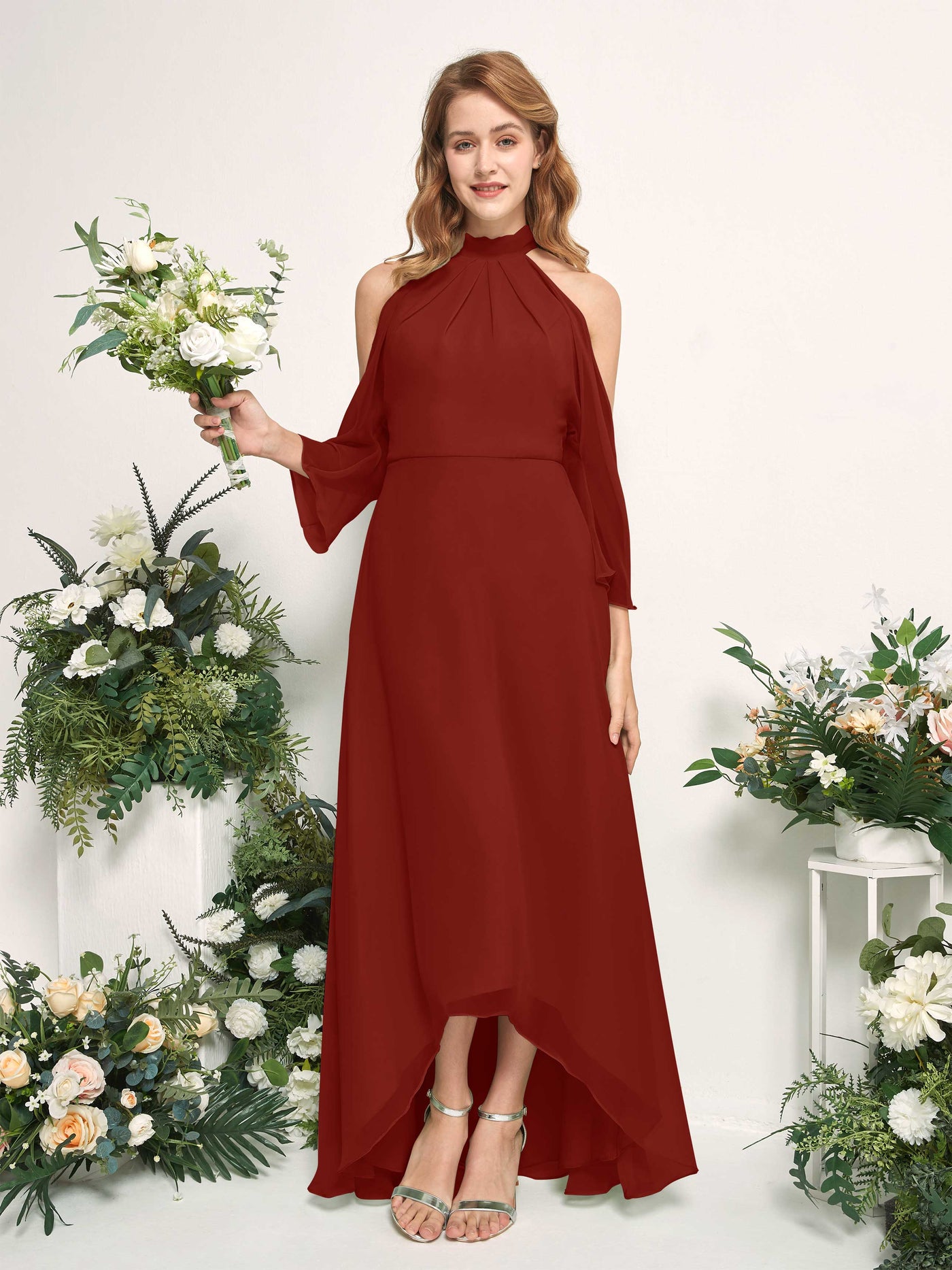 Carlyna A-Linien Brautjungfernkleid Rundhals Bodenlang Chiffon Rostrot #farbe_rostrot