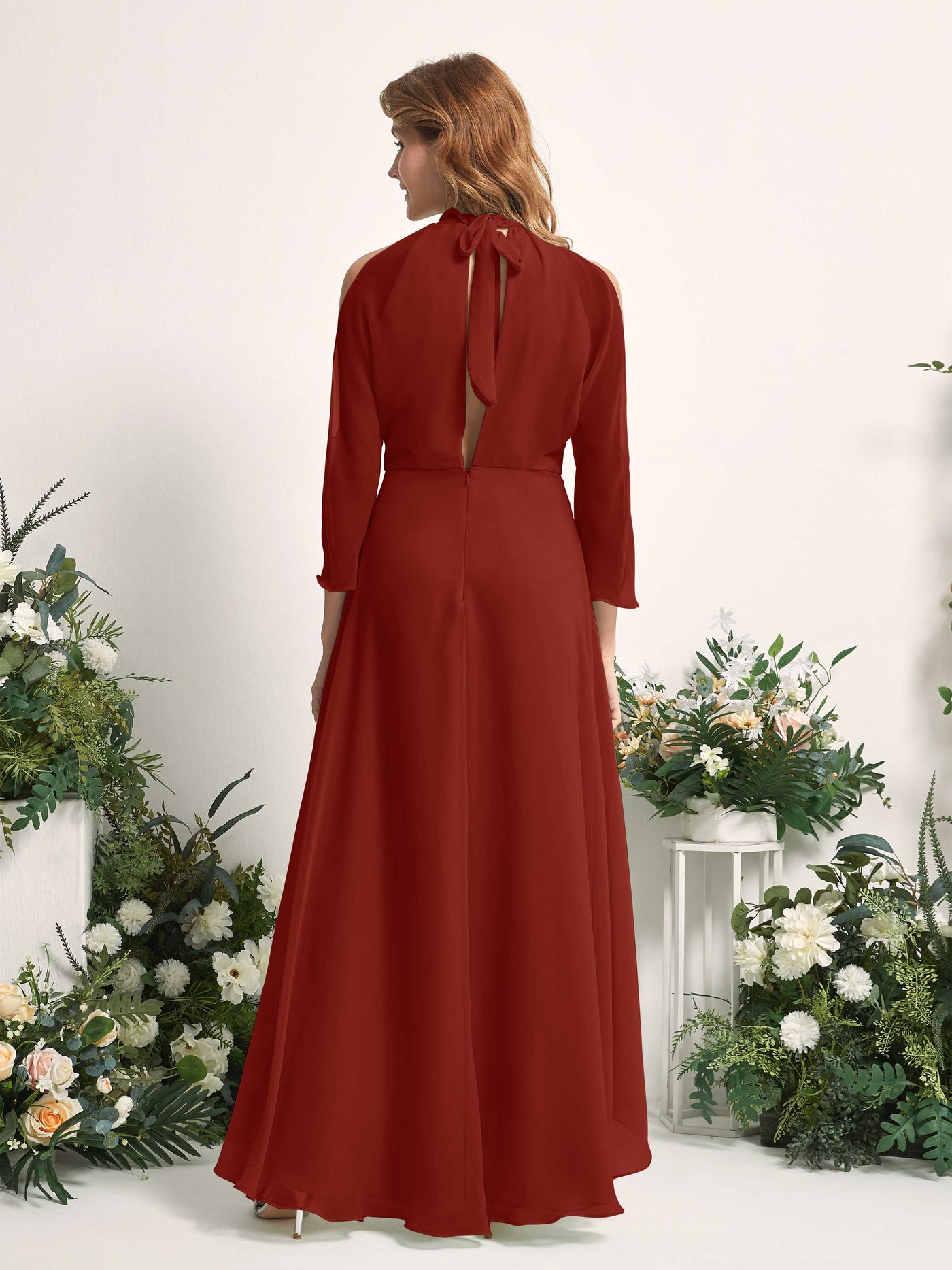 Carlyna A-Linien Brautjungfernkleid Rundhals Bodenlang Chiffon Rostrot #farbe_rostrot