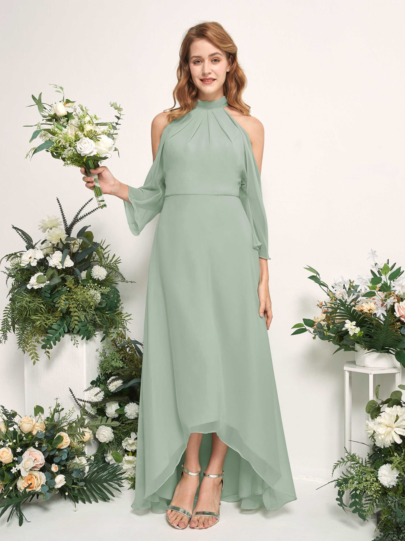 Carlyna A-Linien Brautjungfernkleid Rundhals Bodenlang Chiffon Salbeigrün #farbe_salbeigr-n