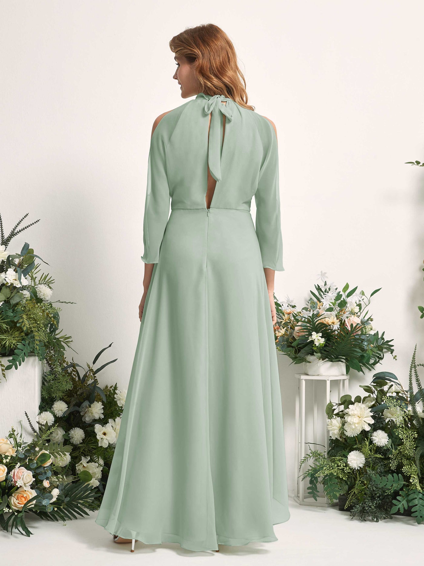 Carlyna A-Linien Brautjungfernkleid Rundhals Bodenlang Chiffon Salbeigrün #farbe_salbeigr-n