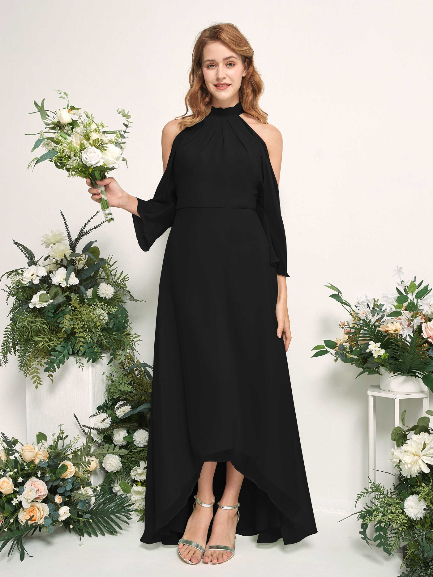 Carlyna A-Linien Brautjungfernkleid Rundhals Bodenlang Chiffon Schwarz #farbe_schwarz