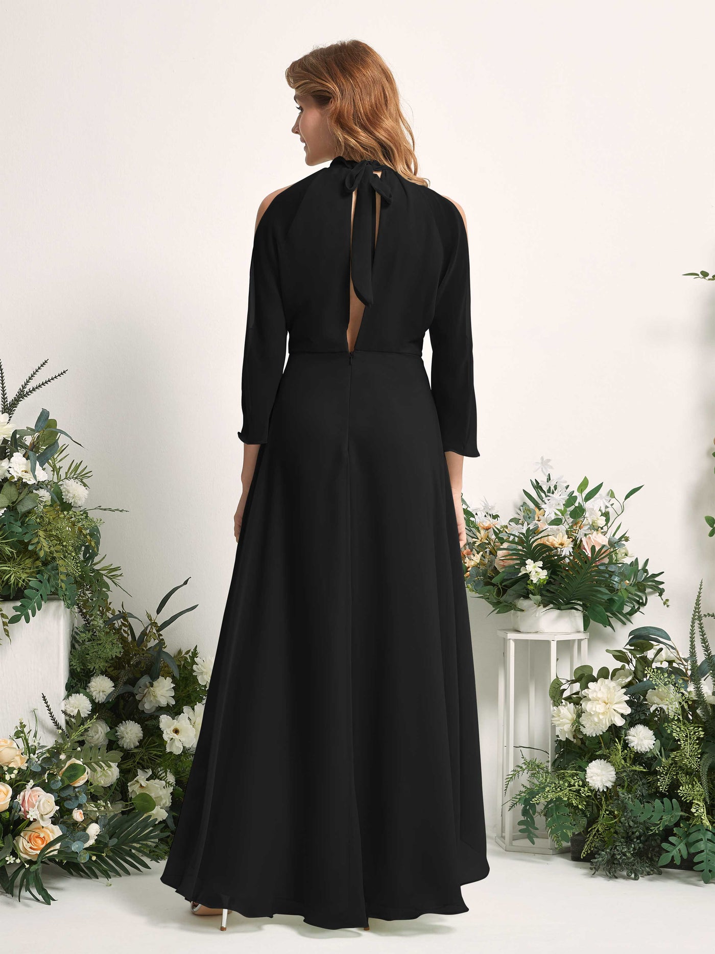 Carlyna A-Linien Brautjungfernkleid Rundhals Bodenlang Chiffon Schwarz #farbe_schwarz
