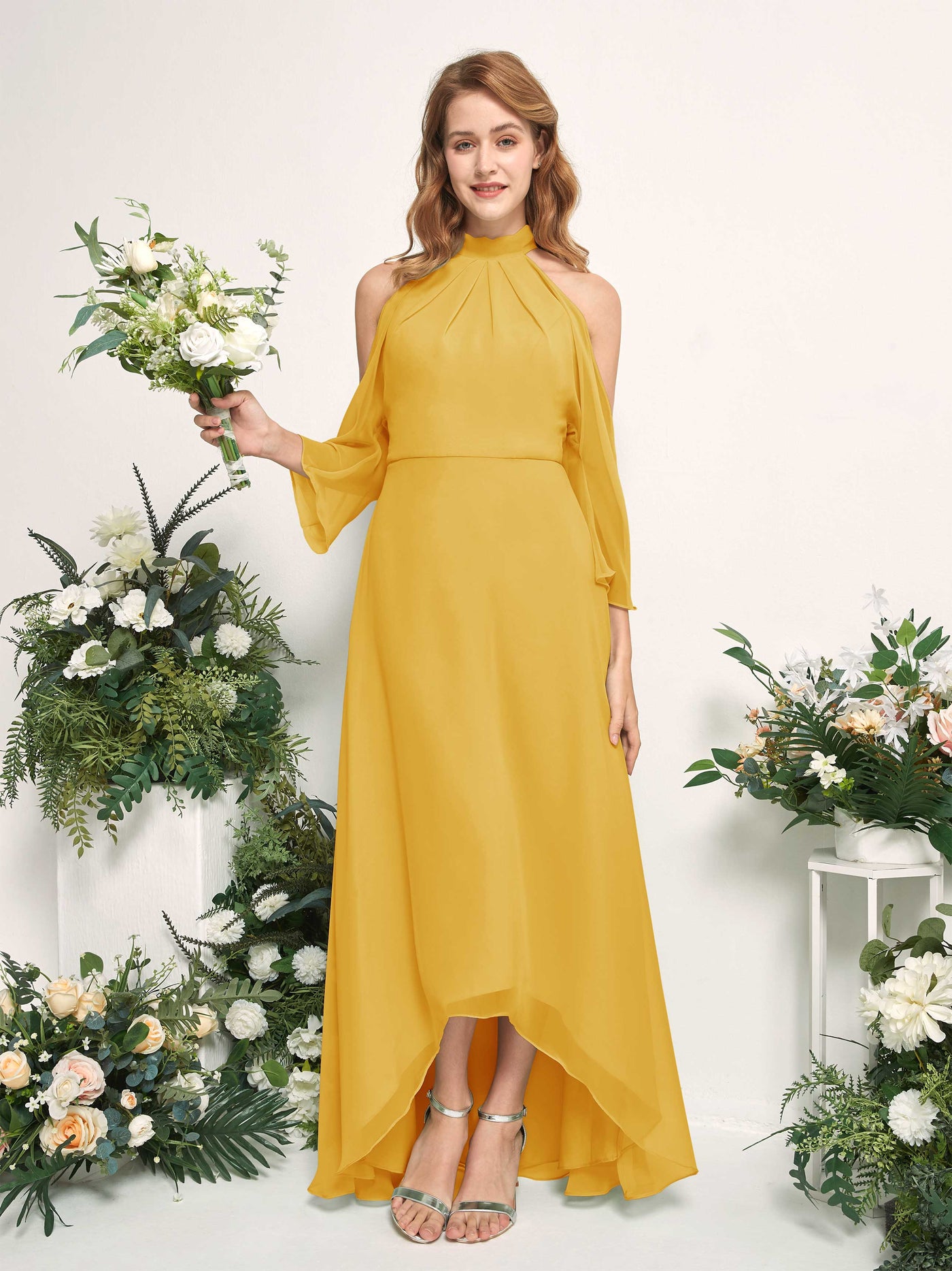 Carlyna A-Linien Brautjungfernkleid Rundhals Bodenlang Chiffon Senfgelb #farbe_senfgelb