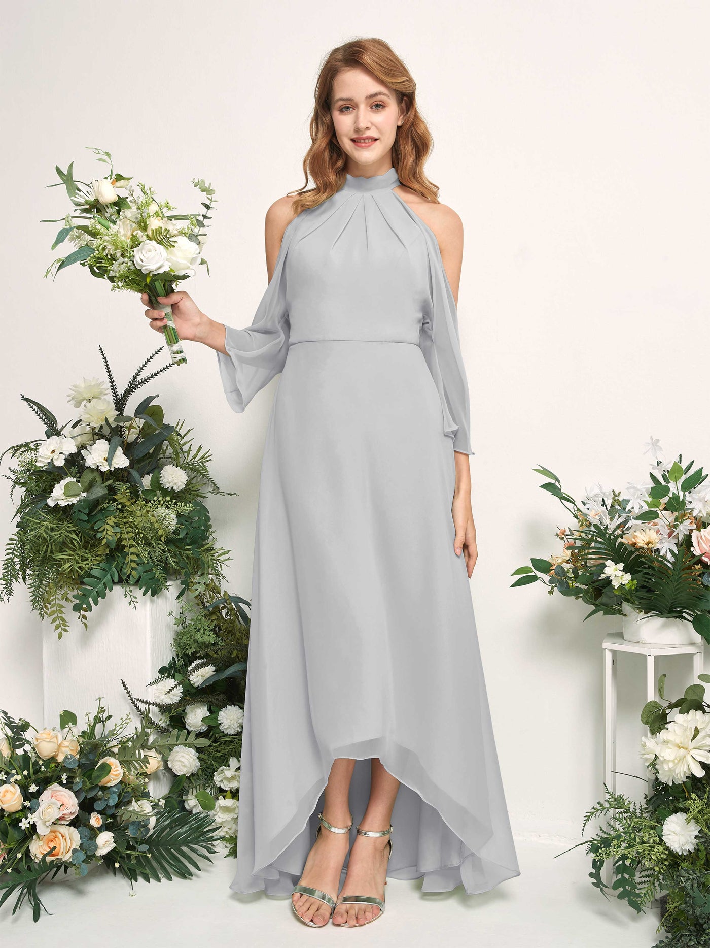Carlyna A-Linien Brautjungfernkleid Rundhals Bodenlang Chiffon Silber #farbe_silber