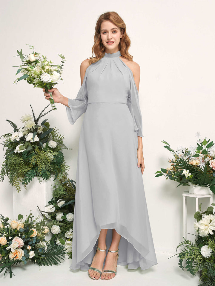 Carlyna A-Linien Brautjungfernkleid Rundhals Bodenlang Chiffon Silber 