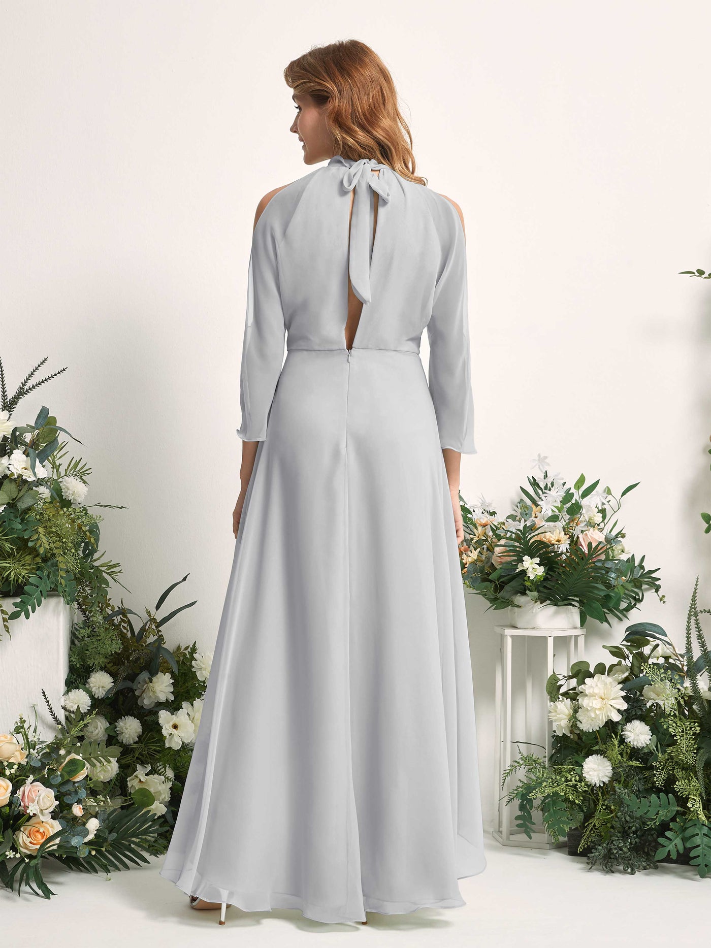 Carlyna A-Linien Brautjungfernkleid Rundhals Bodenlang Chiffon Silber #farbe_silber