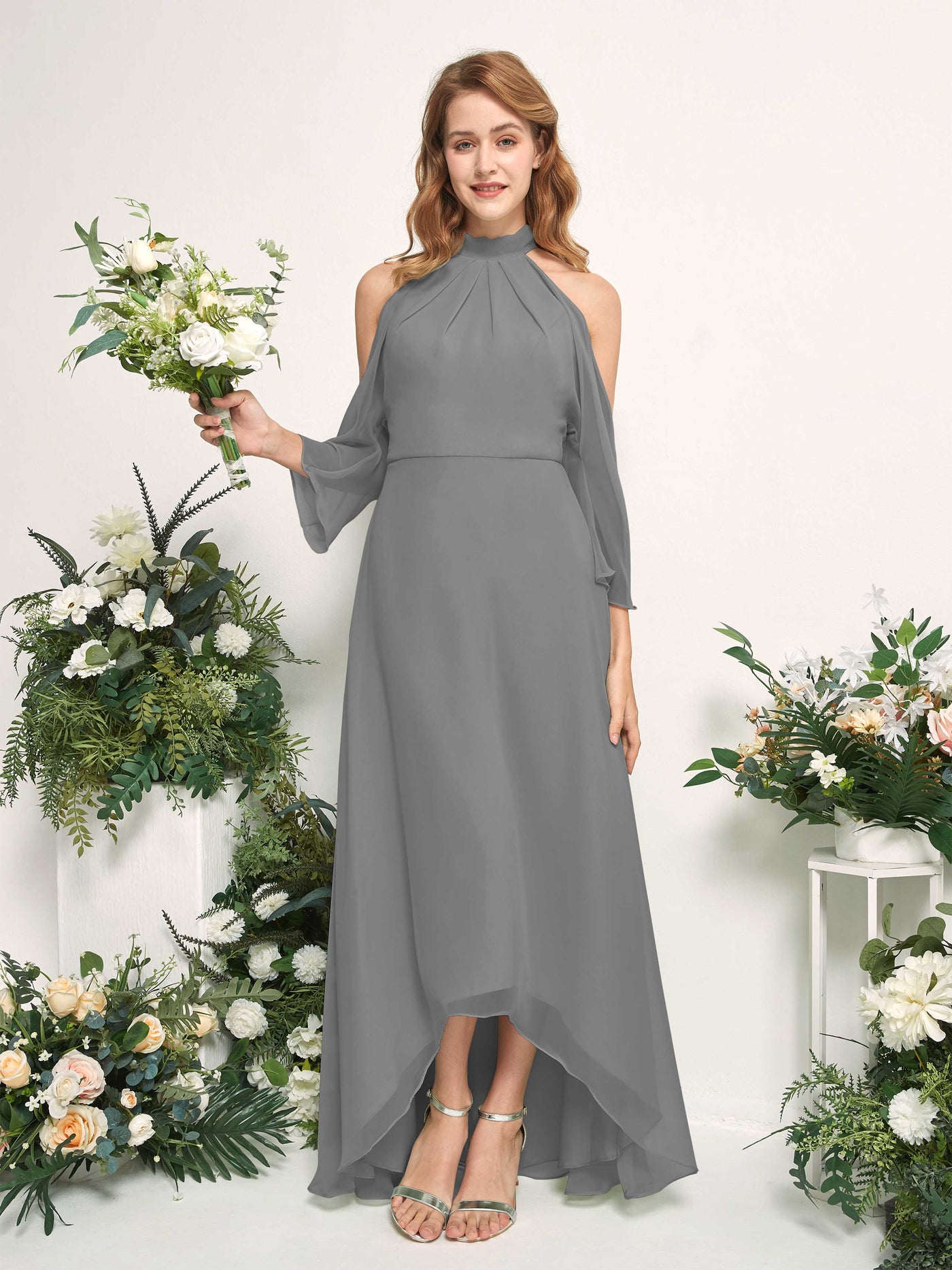 Carlyna A-Linien Brautjungfernkleid Rundhals Bodenlang Chiffon Stahlgrau #farbe_stahlgrau