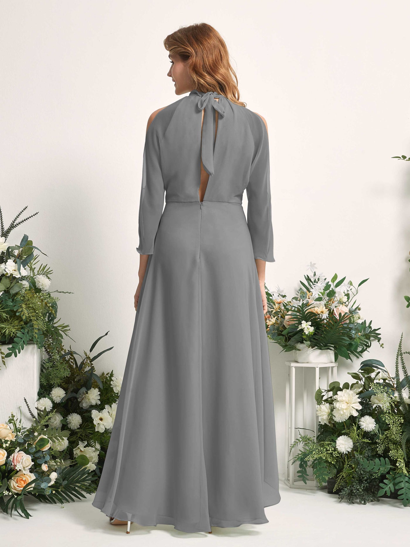 Carlyna A-Linien Brautjungfernkleid Rundhals Bodenlang Chiffon Stahlgrau #farbe_stahlgrau