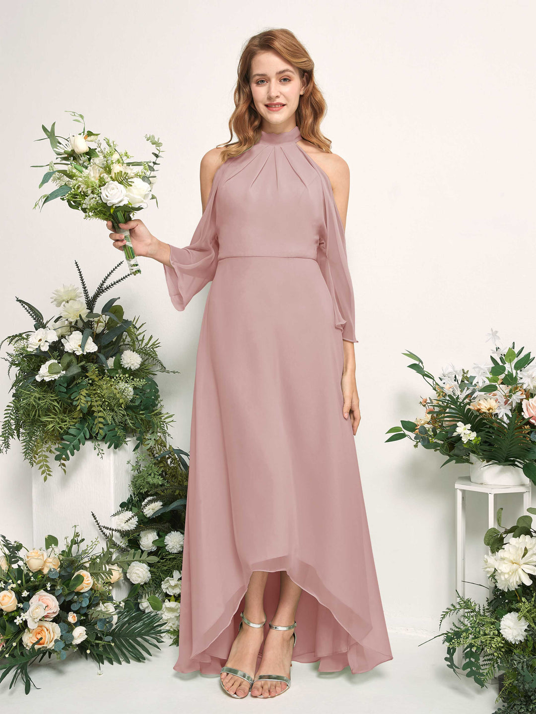 Carlyna A-Linien Brautjungfernkleid Rundhals Bodenlang Chiffon Staubige Rose 