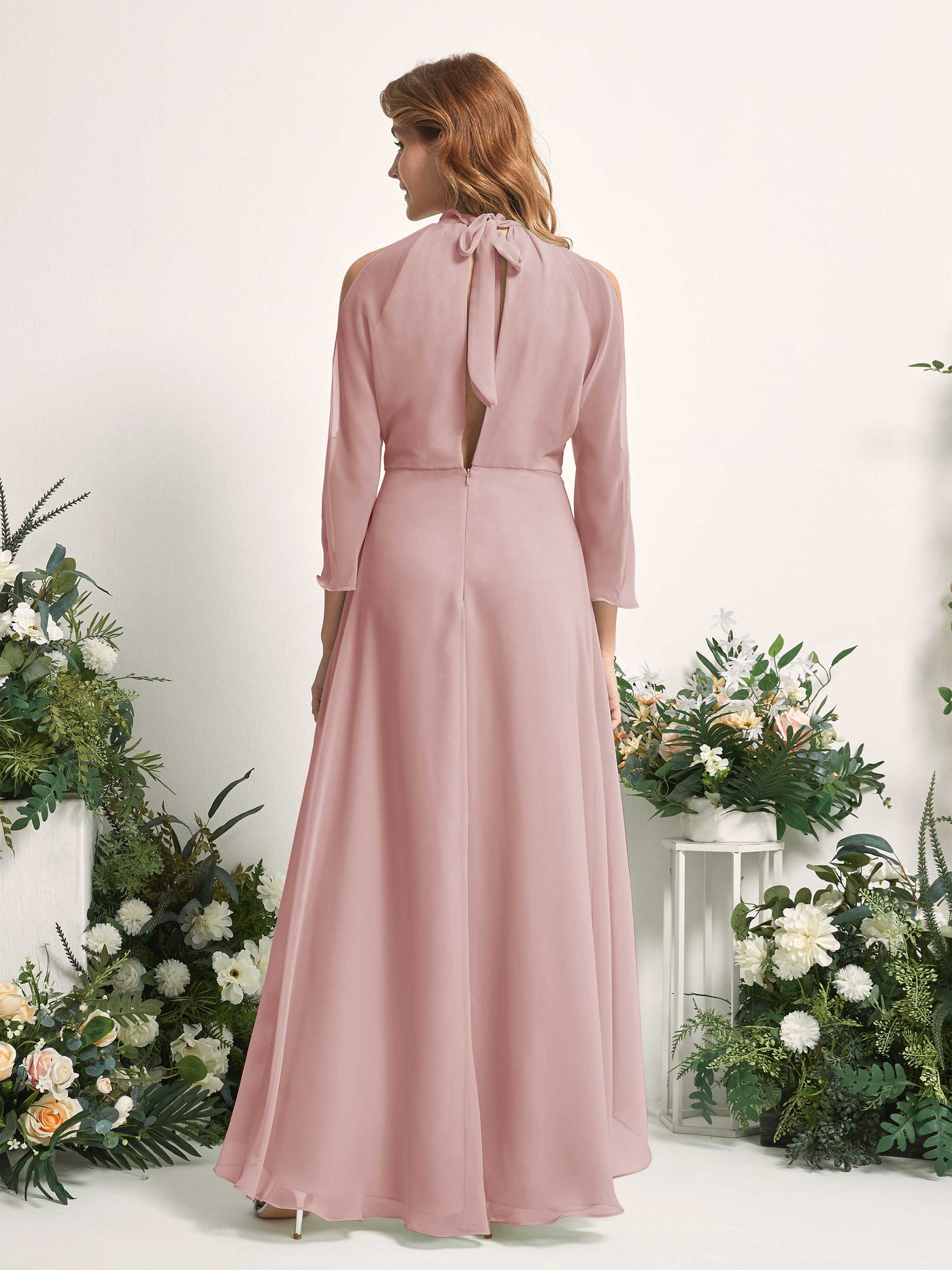 Carlyna A-Linien Brautjungfernkleid Rundhals Bodenlang Chiffon Staubige Rose #farbe_staubige-rose