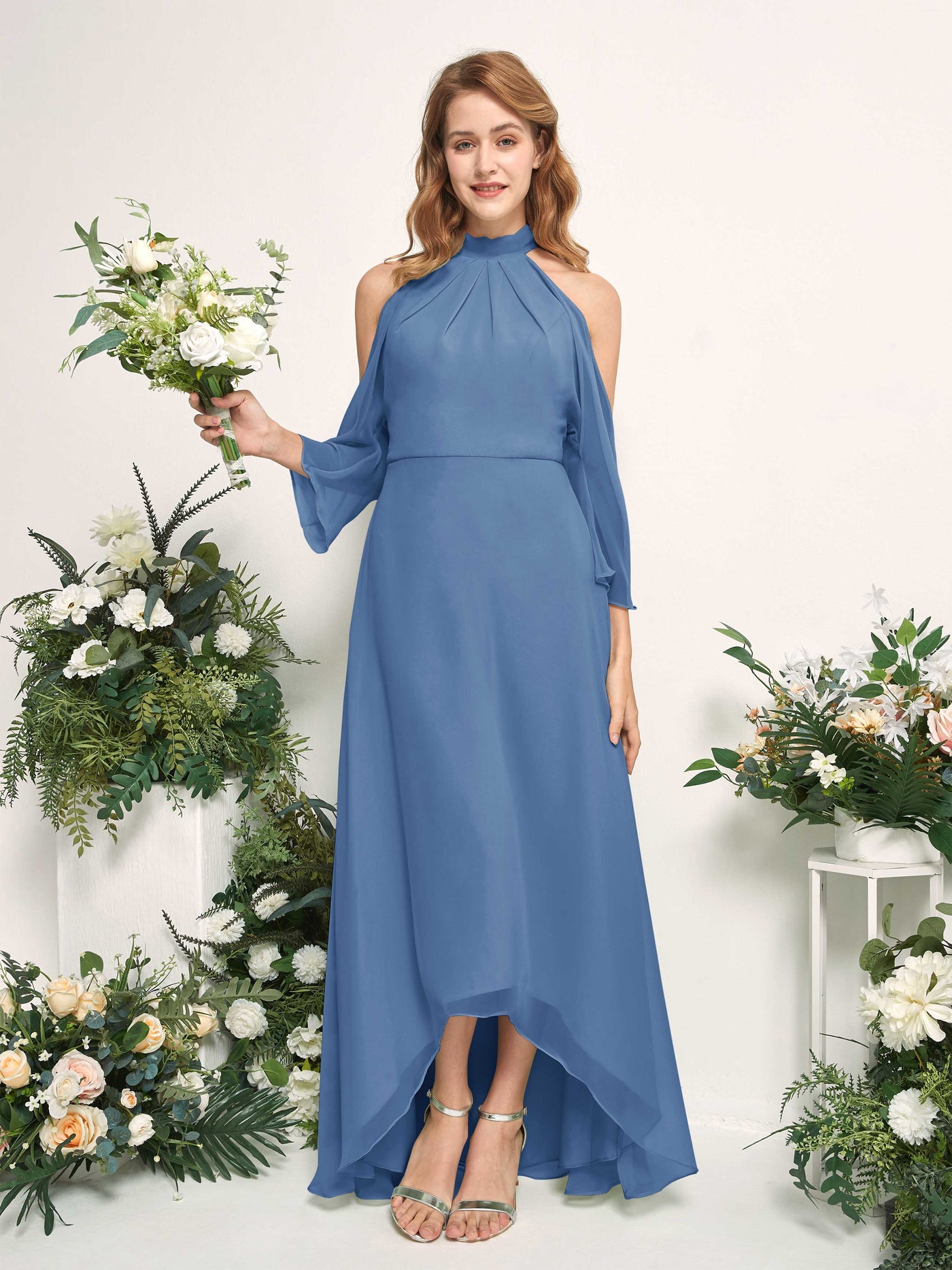 Carlyna A-Linien Brautjungfernkleid Rundhals Bodenlang Chiffon Staubiges Blau #farbe_staubiges-blau
