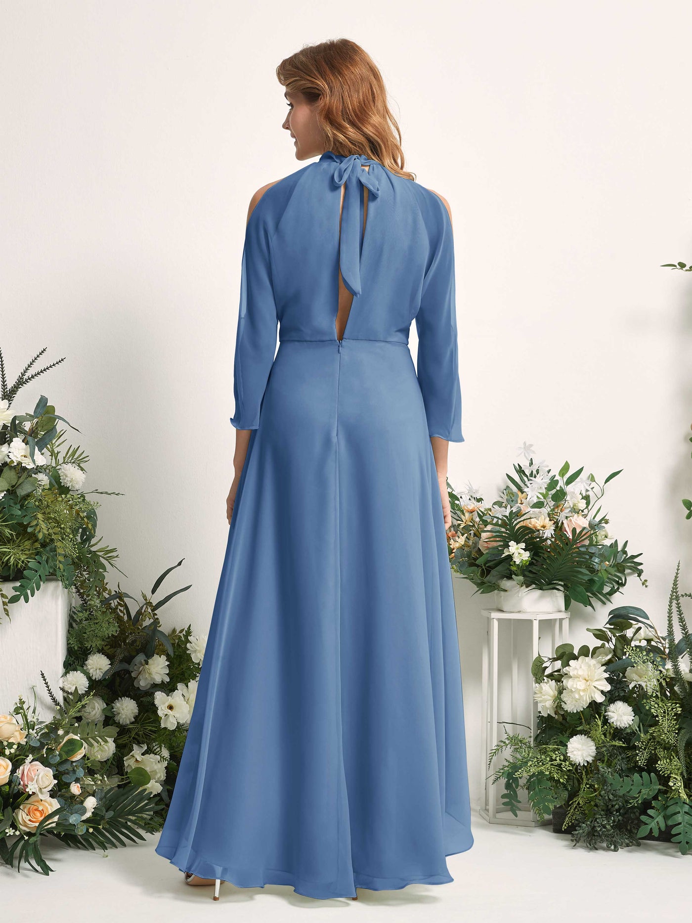 Carlyna A-Linien Brautjungfernkleid Rundhals Bodenlang Chiffon Staubiges Blau #farbe_staubiges-blau