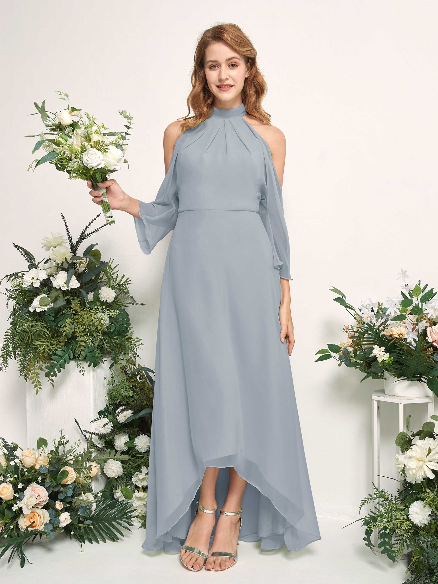 Carlyna A-Linien Brautjungfernkleid Rundhals Bodenlang Chiffon Staubiges Blau-Upgrade #farbe_staubiges-blau-upgrade