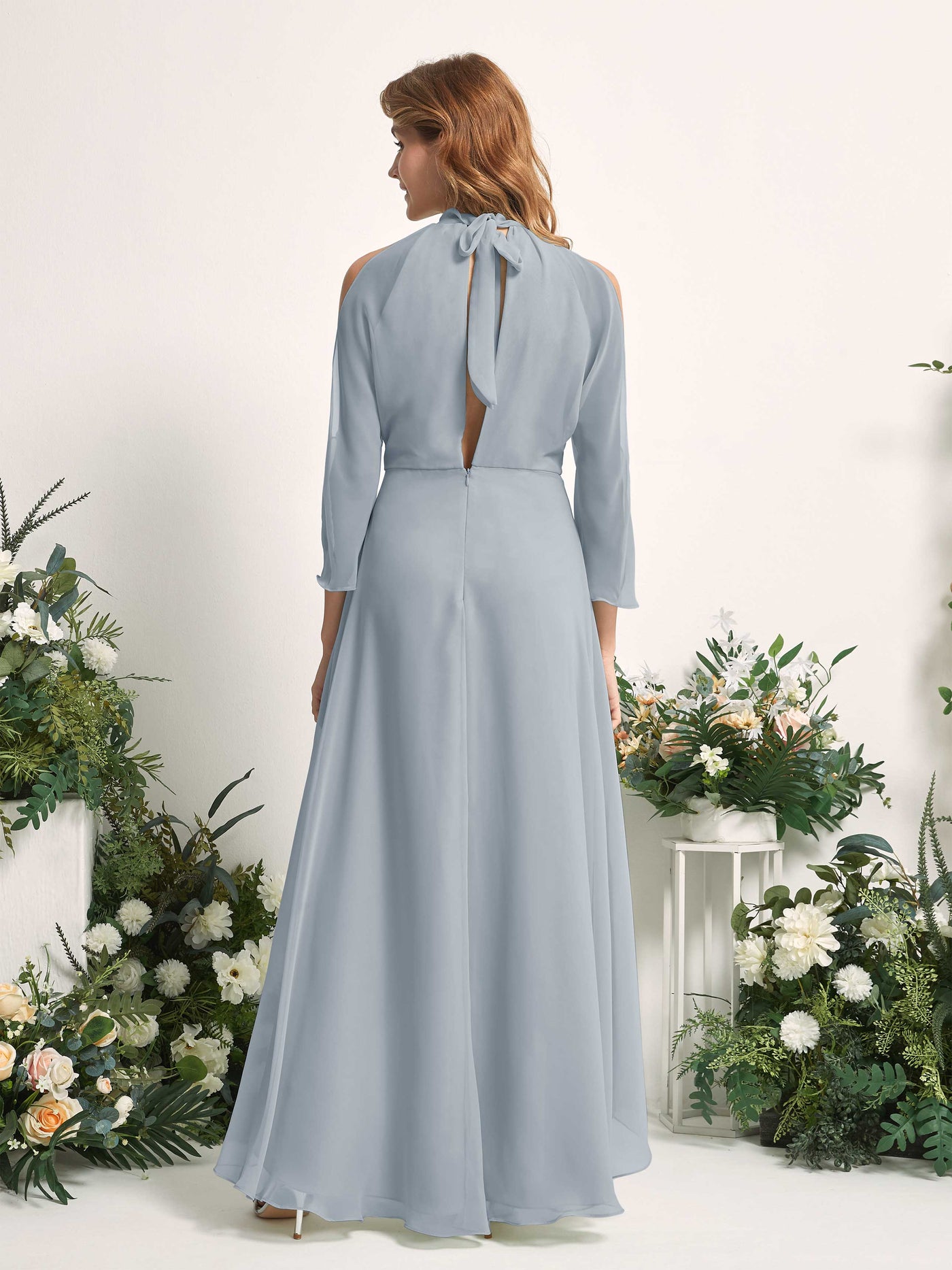 Carlyna A-Linien Brautjungfernkleid Rundhals Bodenlang Chiffon Staubiges Blau-Upgrade #farbe_staubiges-blau-upgrade