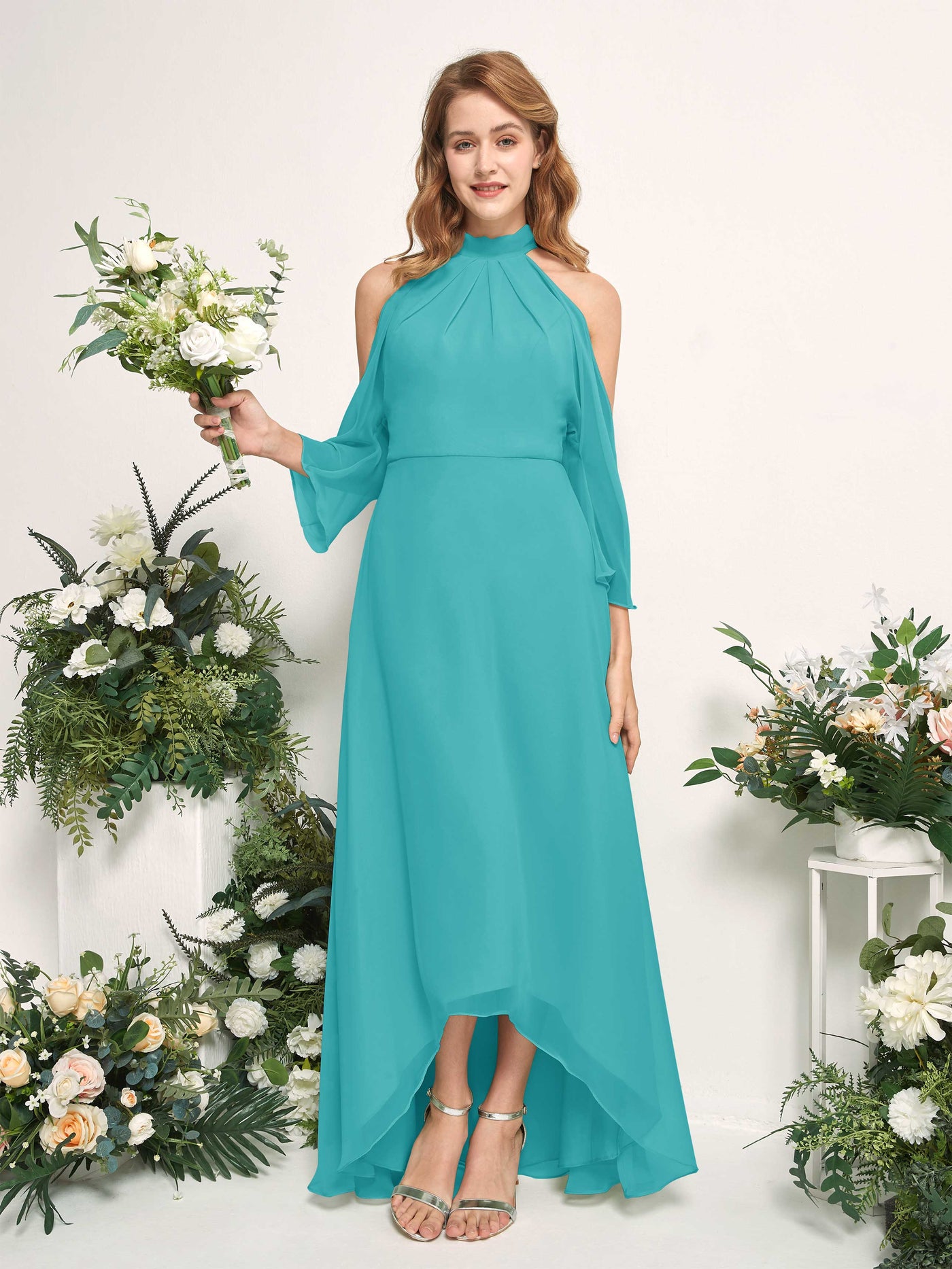 Carlyna A-Linien Brautjungfernkleid Rundhals Bodenlang Chiffon Türkis #farbe_t-rkis