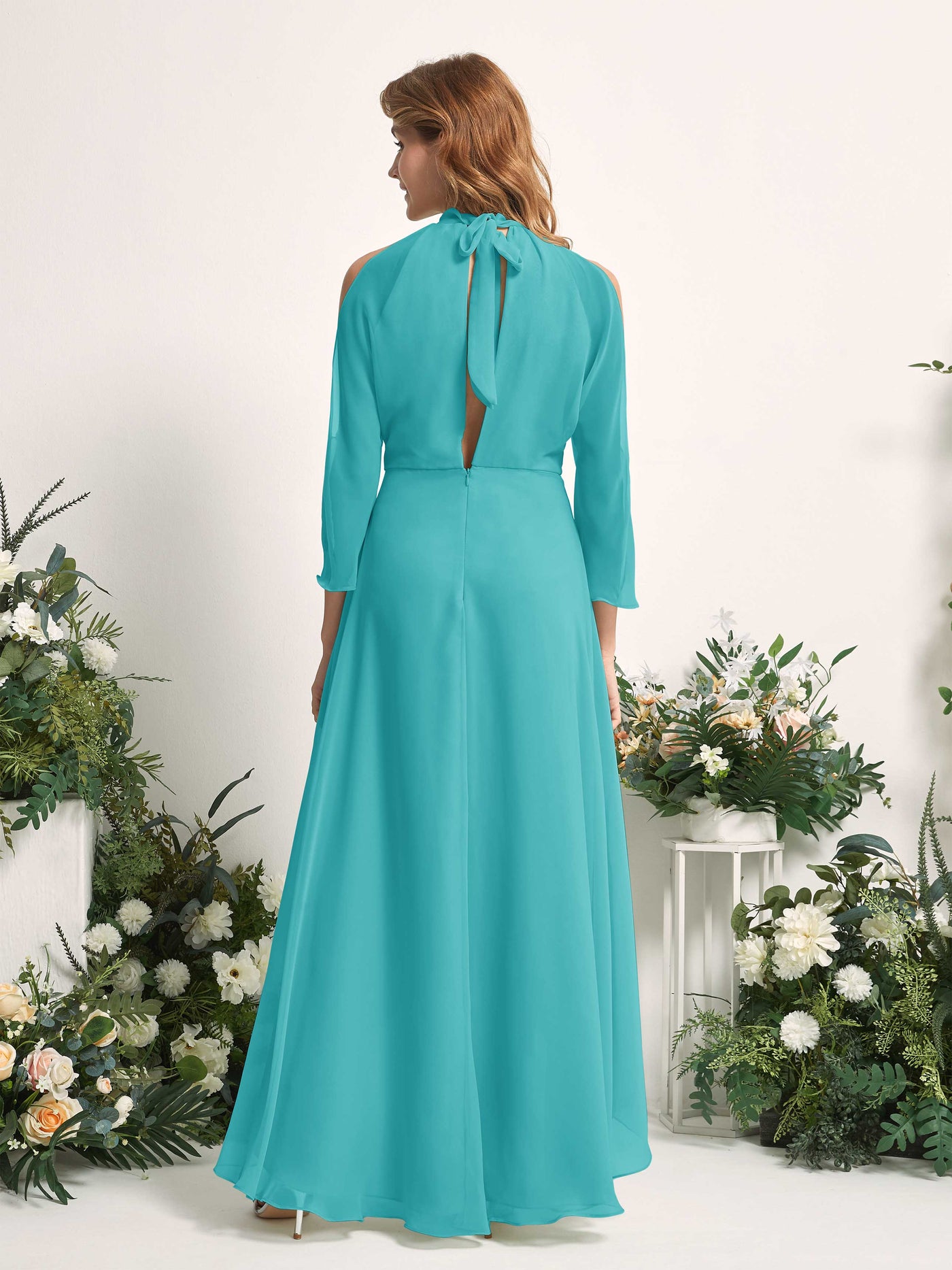 Carlyna A-Linien Brautjungfernkleid Rundhals Bodenlang Chiffon Türkis #farbe_t-rkis
