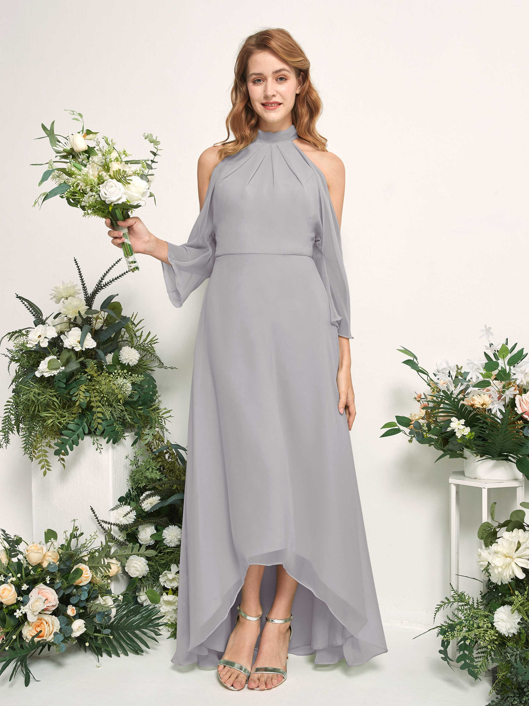 Carlyna A-Linien Brautjungfernkleid Rundhals Bodenlang Chiffon Taube 