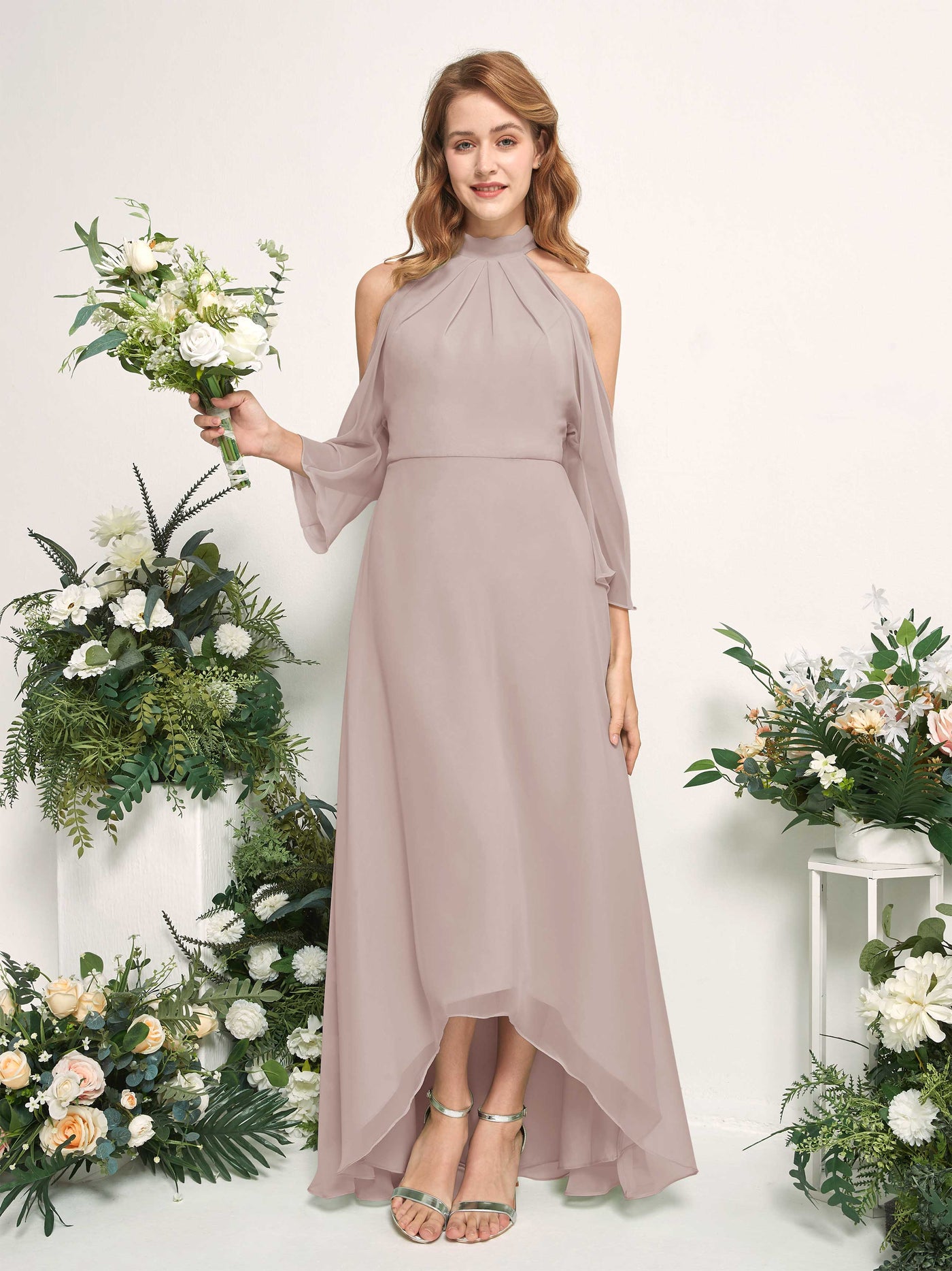Carlyna A-Linien Brautjungfernkleid Rundhals Bodenlang Chiffon Taupe #farbe_taupe