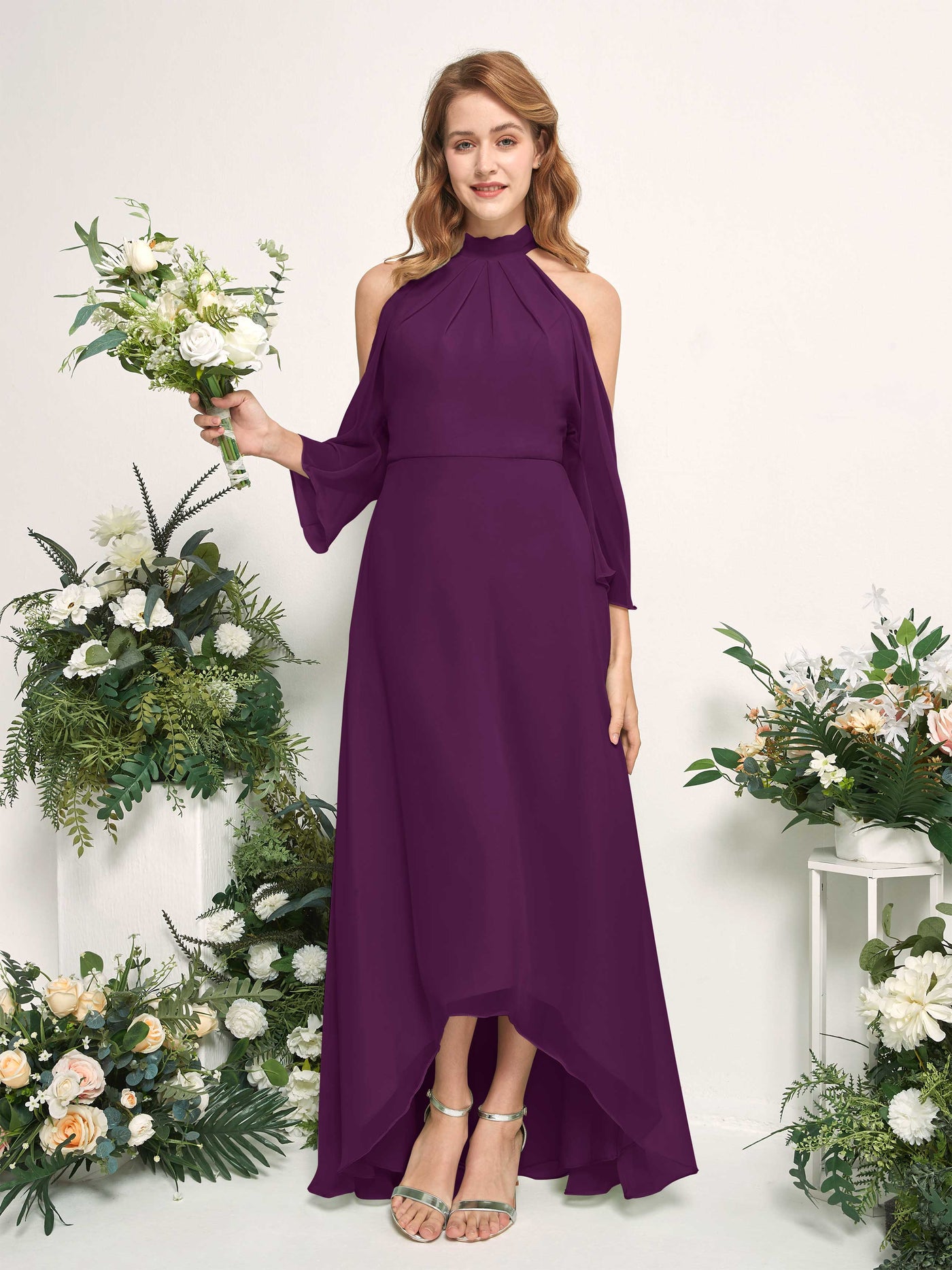 Carlyna A-Linien Brautjungfernkleid Rundhals Bodenlang Chiffon Traube #farbe_traube