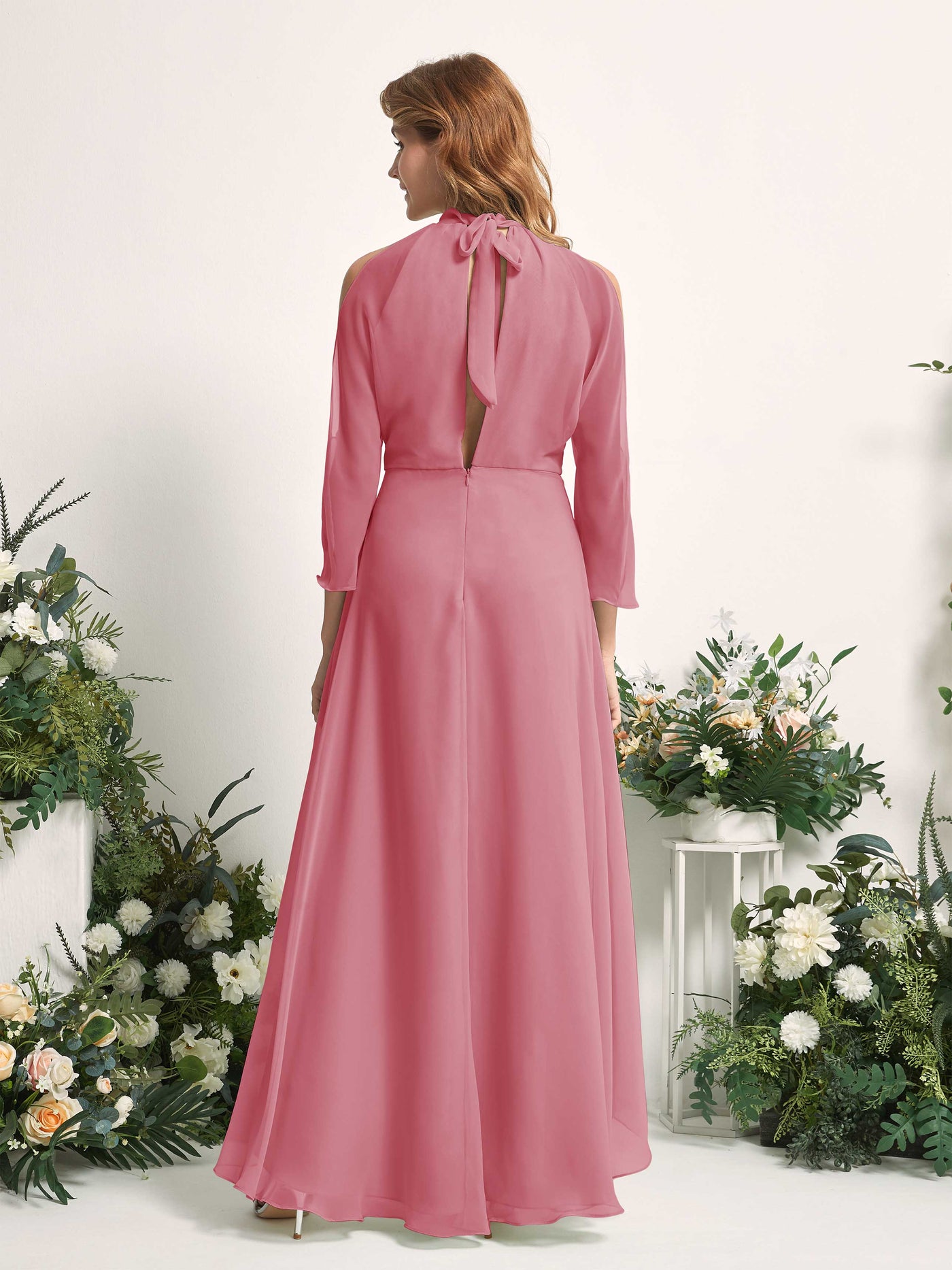 Carlyna A-Linien Brautjungfernkleid Rundhals Bodenlang Chiffon Wüstenrose #farbe_w-stenrose
