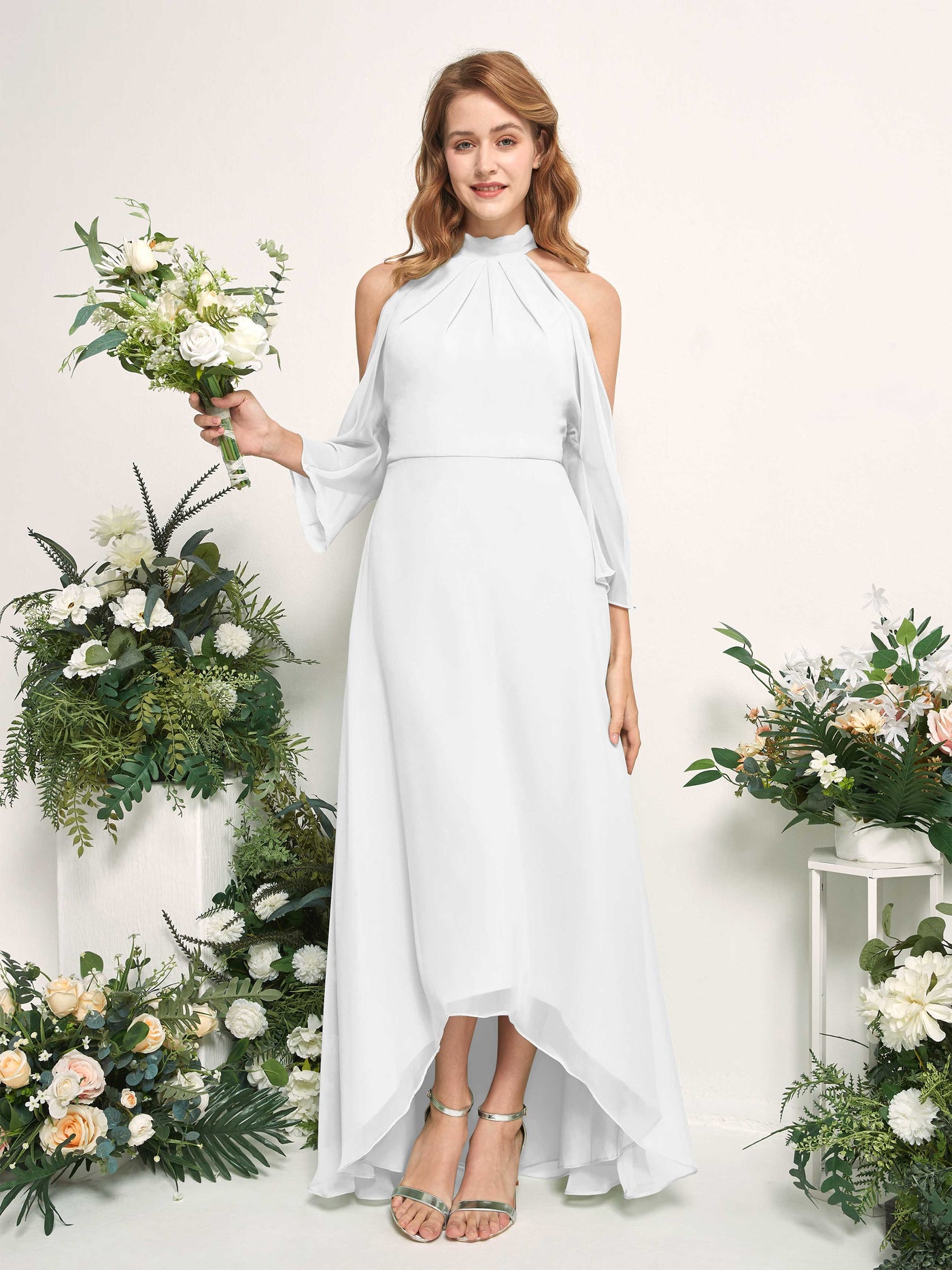 Carlyna A-Linien Brautjungfernkleid Rundhals Bodenlang Chiffon Weiß #farbe_wei
