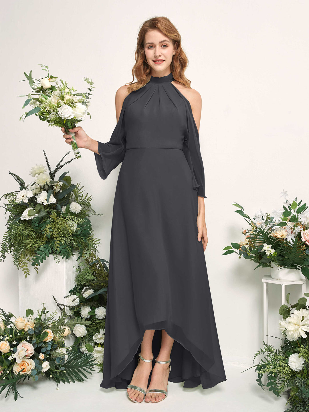 Carlyna A-Linien Brautjungfernkleid Rundhals Bodenlang Chiffon Zinnfarben 