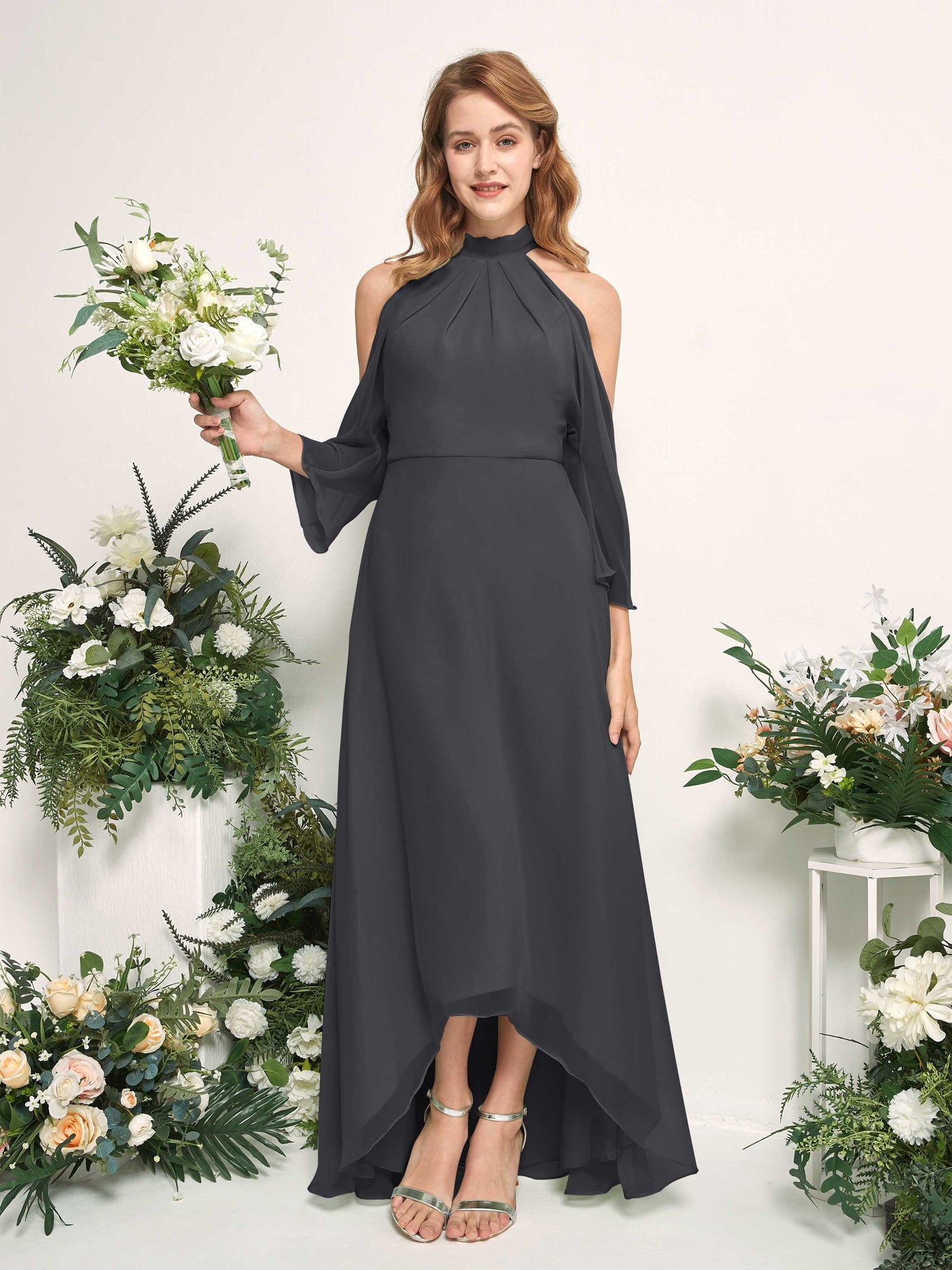 Carlyna A-Linien Brautjungfernkleid Rundhals Bodenlang Chiffon Zinnfarben #farbe_zinnfarben