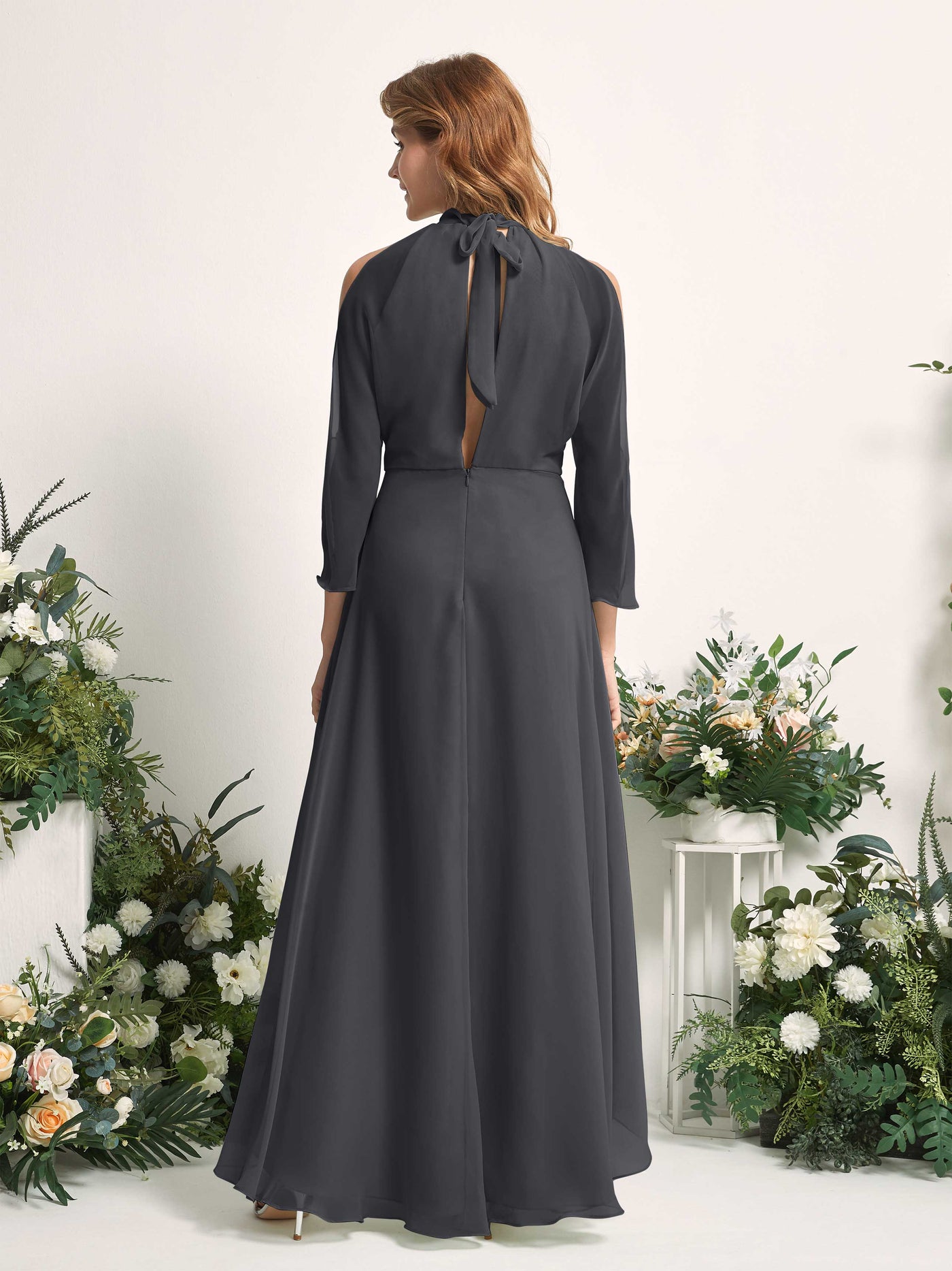 Carlyna A-Linien Brautjungfernkleid Rundhals Bodenlang Chiffon Zinnfarben #farbe_zinnfarben