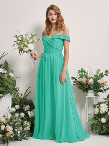 Carlyna A-Linien Carmen Ausschnitt Bodenlang Bestickt Brautjungfernkleider Tiffany-Blau #farbe_tiffany-blau