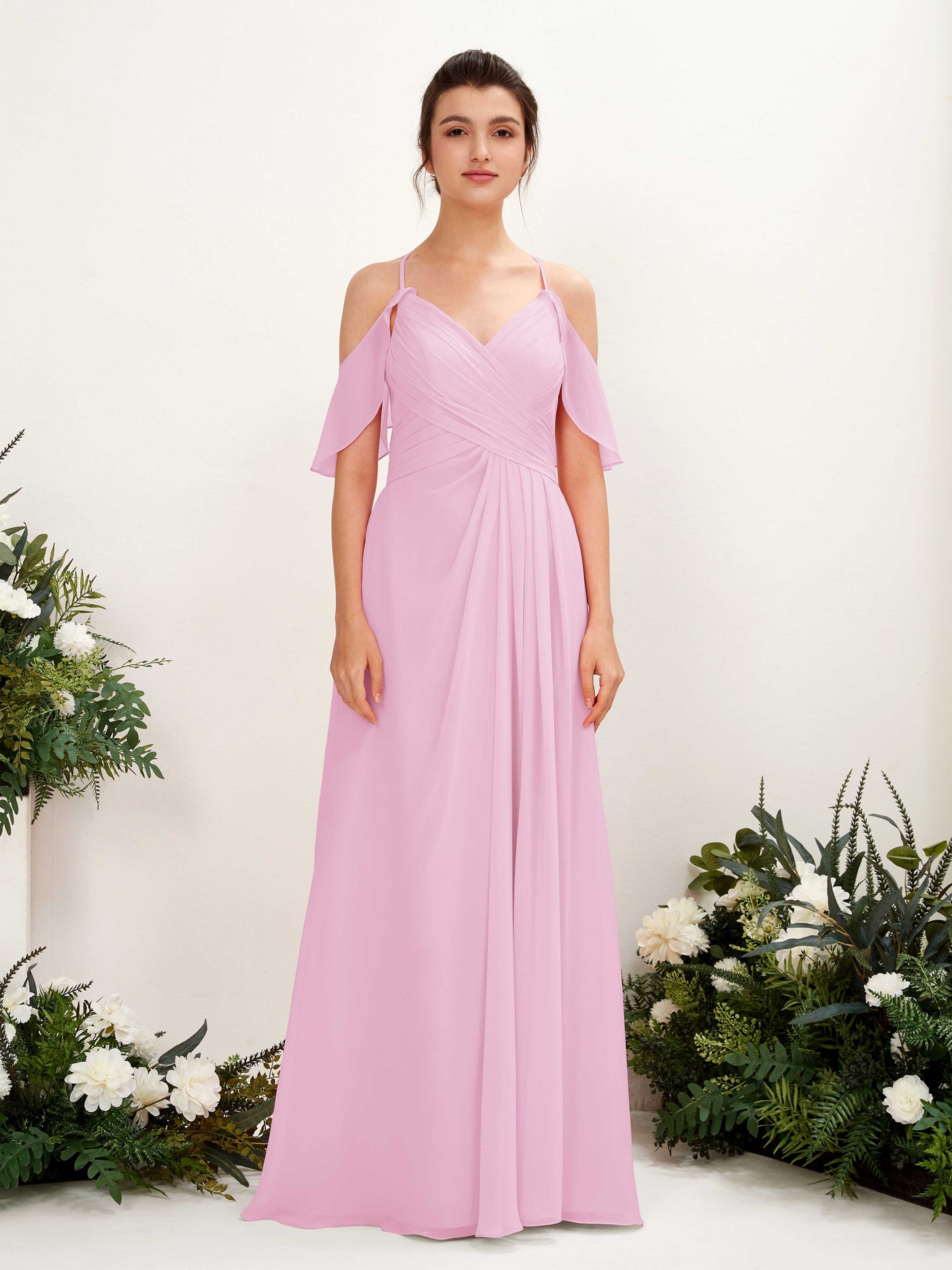 Carlyna A-Linien Carmen Ausschnitt Bodenlang Brautjungfernkleider Bonbonrosa #farbe_bonbonrosa