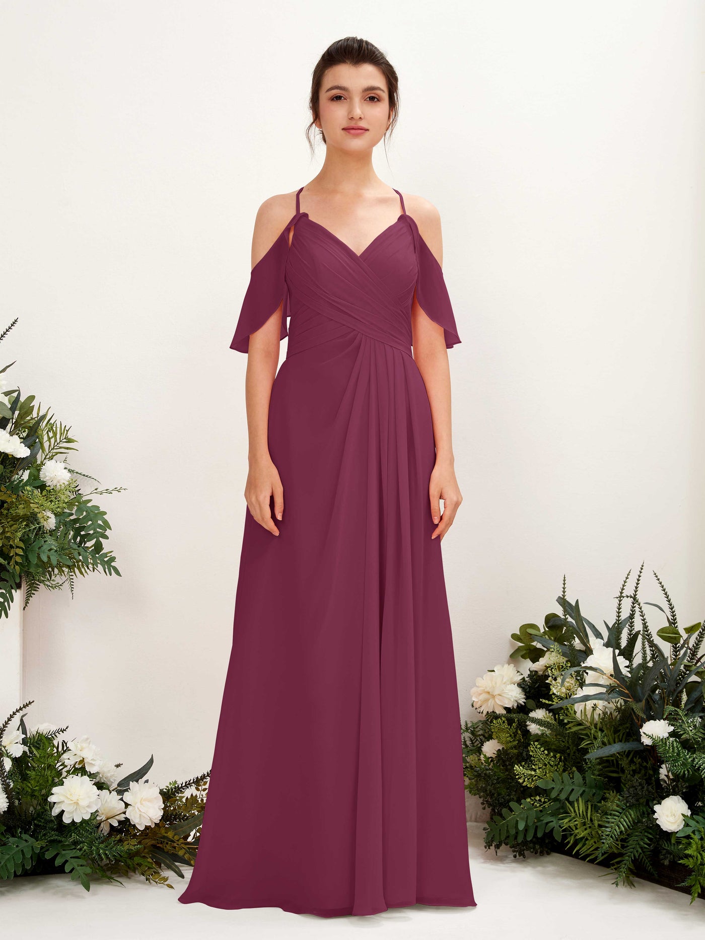 Carlyna A-Linien Carmen Ausschnitt Bodenlang Brautjungfernkleider Chianti #farbe_chianti