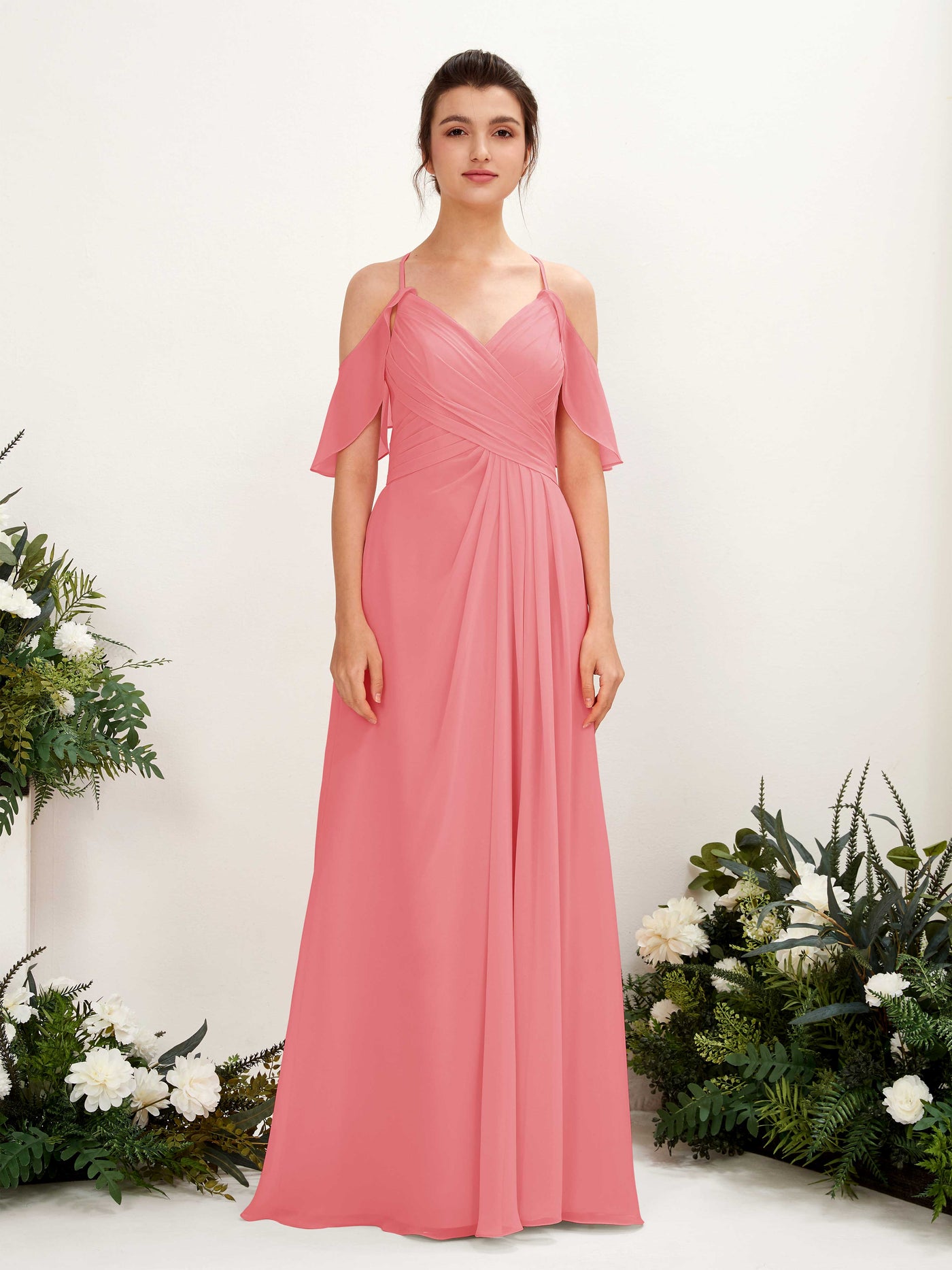 Carlyna A-Linien Carmen Ausschnitt Bodenlang Brautjungfernkleider Korallenrosa #farbe_korallenrosa