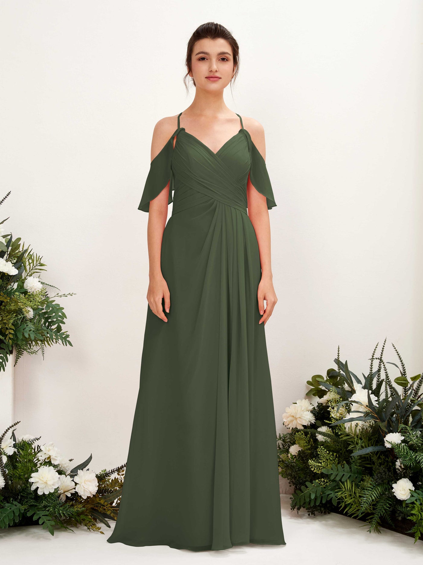 Carlyna A-Linien Carmen Ausschnitt Bodenlang Brautjungfernkleider Martini-Olive #farbe_martini-olive