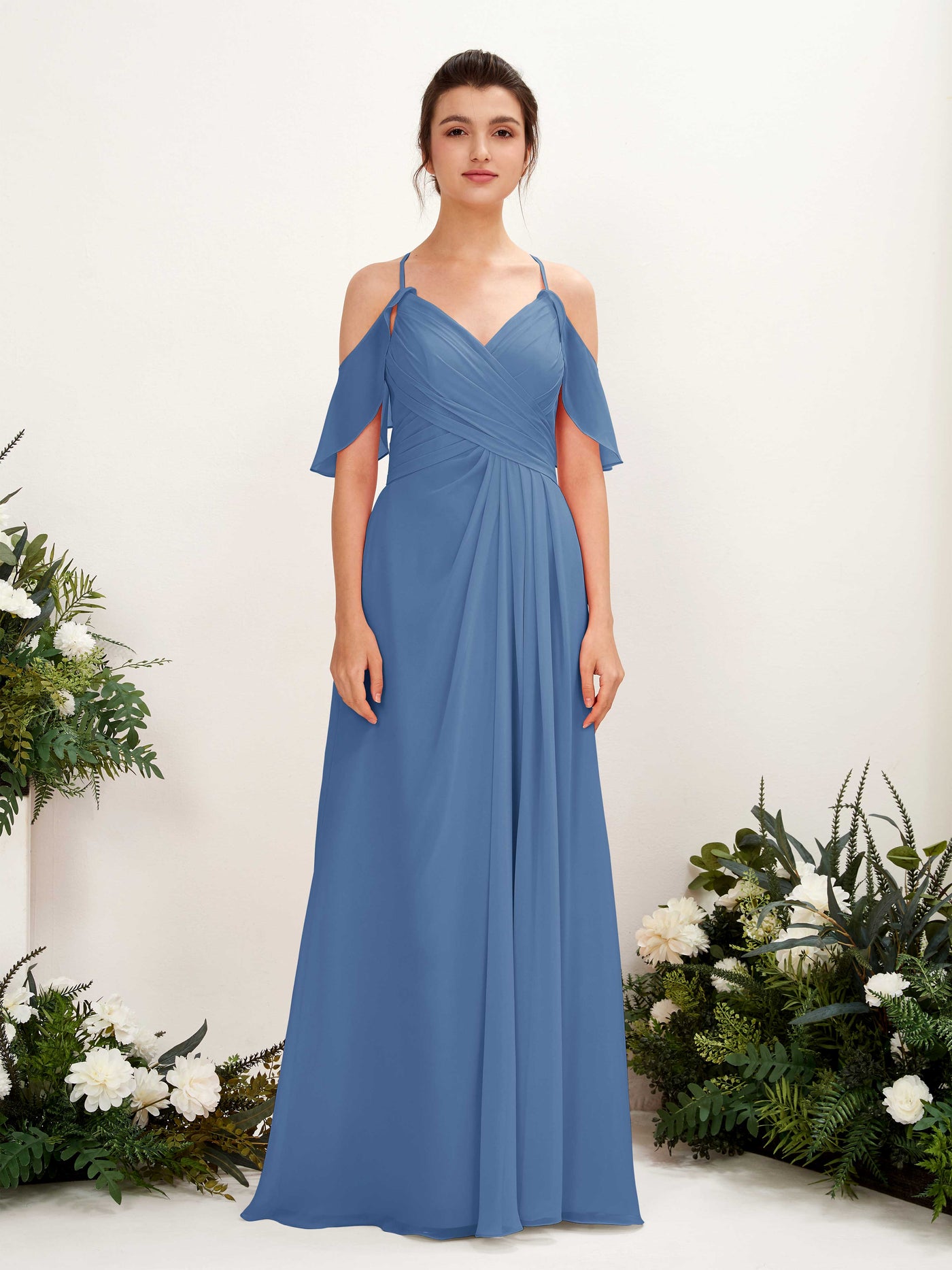 Carlyna A-Linien Carmen Ausschnitt Bodenlang Brautjungfernkleider Staubiges Blau #farbe_staubiges-blau