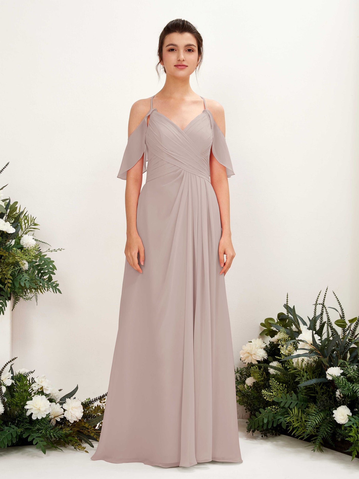Carlyna A-Linien Carmen Ausschnitt Bodenlang Brautjungfernkleider Taupe #farbe_taupe
