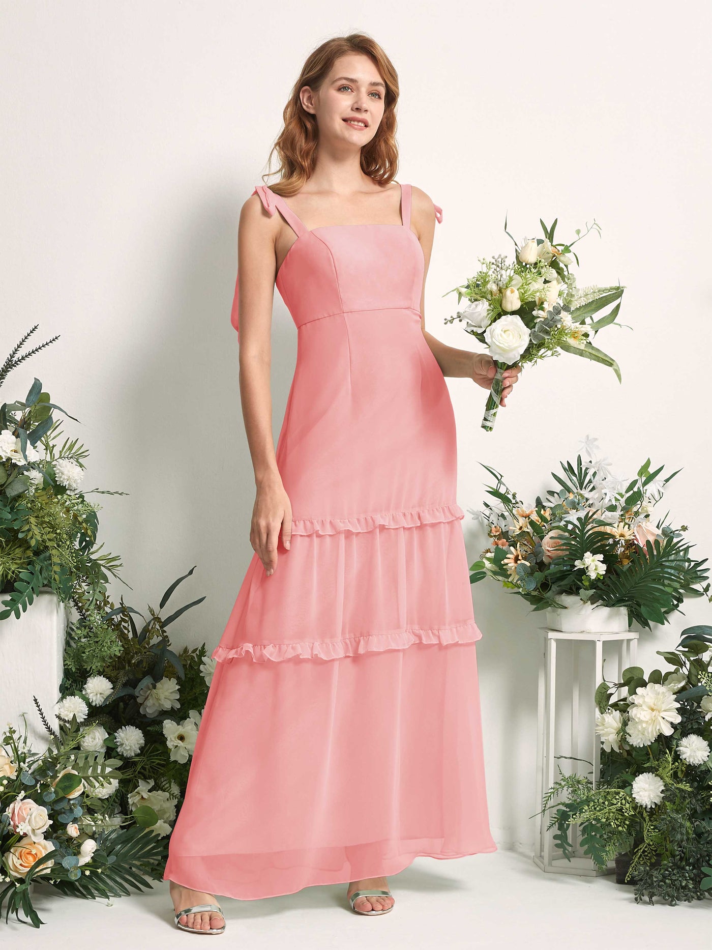 Carlyna A-Linien-Kleid Bodenlang Geradem Ausschnitt Rüschen Chiffon Brautjungfernkleid Ballettrosa #farbe_ballettrosa