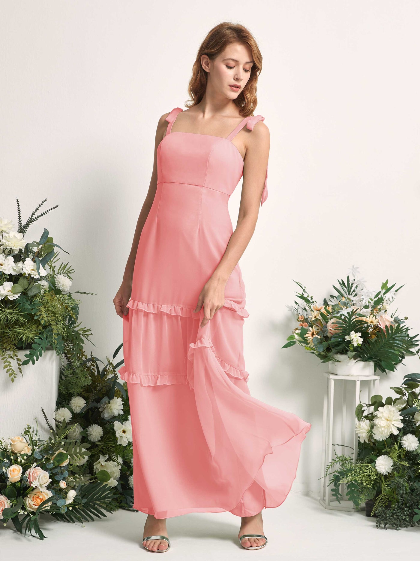 Carlyna A-Linien-Kleid Bodenlang Geradem Ausschnitt Rüschen Chiffon Brautjungfernkleid Ballettrosa #farbe_ballettrosa
