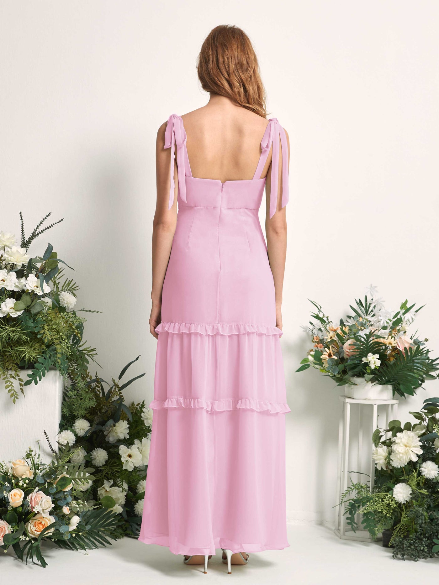 Carlyna A-Linien-Kleid Bodenlang Geradem Ausschnitt Rüschen Chiffon Brautjungfernkleid Bonbonrosa #farbe_bonbonrosa