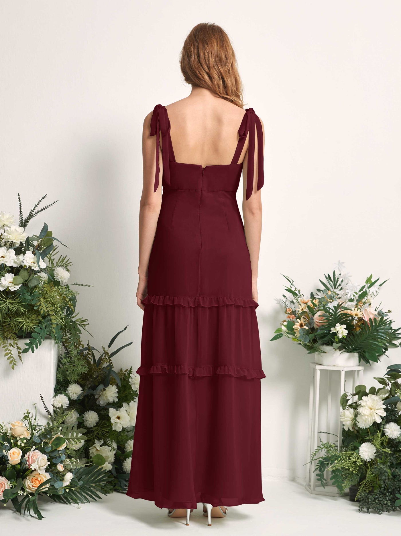 Carlyna A-Linien-Kleid Bodenlang Geradem Ausschnitt Rüschen Chiffon Brautjungfernkleid Burgunderrot #farbe_burgunderrot