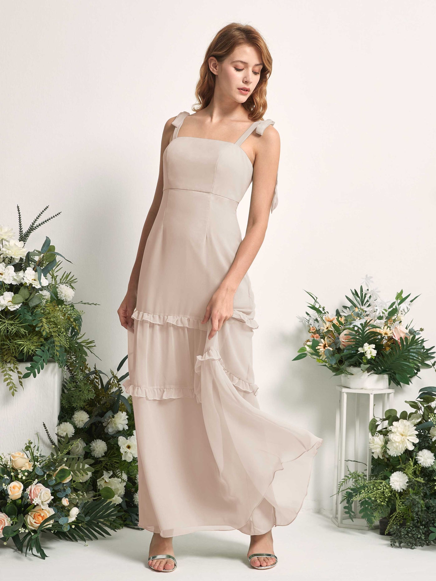 Carlyna A-Linien-Kleid Bodenlang Geradem Ausschnitt Rüschen Chiffon Brautjungfernkleid Champagner #farbe_champagner