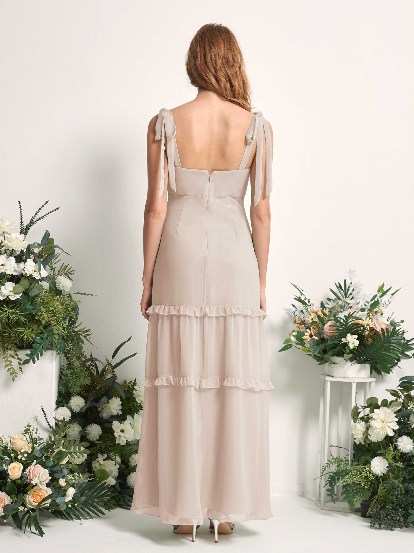 Carlyna A-Linien-Kleid Bodenlang Geradem Ausschnitt Rüschen Chiffon Brautjungfernkleid Champagner #farbe_champagner