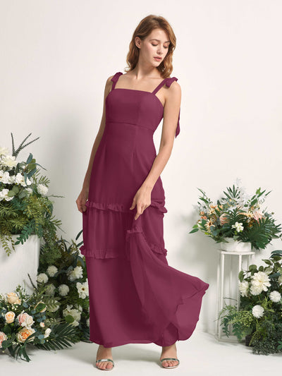 Carlyna A-Linien-Kleid Bodenlang Geradem Ausschnitt Rüschen Chiffon Brautjungfernkleid Chianti #farbe_chianti