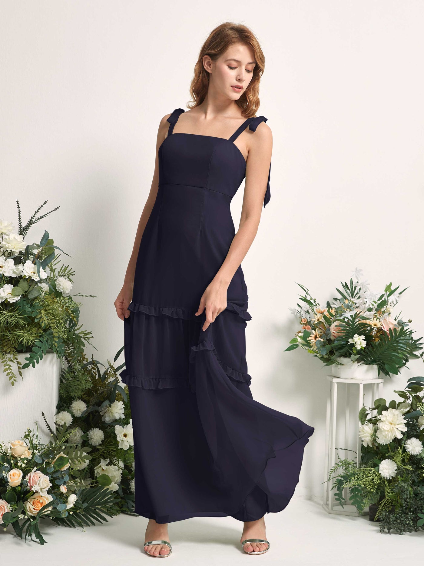 Carlyna A-Linien-Kleid Bodenlang Geradem Ausschnitt Rüschen Chiffon Brautjungfernkleid Dunkel Marineblau #farbe_dunkel-marineblau
