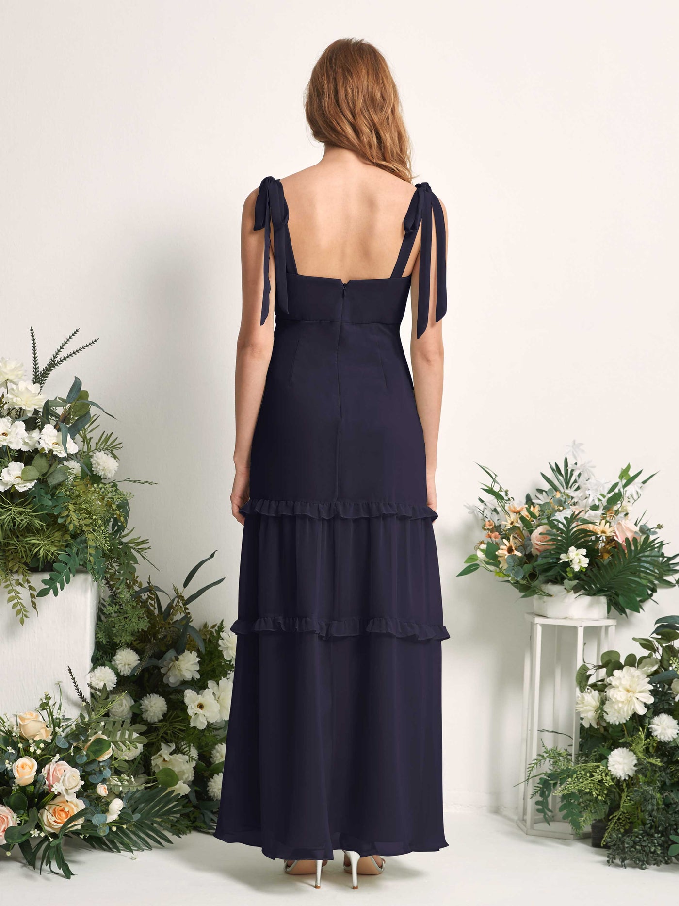 Carlyna A-Linien-Kleid Bodenlang Geradem Ausschnitt Rüschen Chiffon Brautjungfernkleid Dunkel Marineblau #farbe_dunkel-marineblau