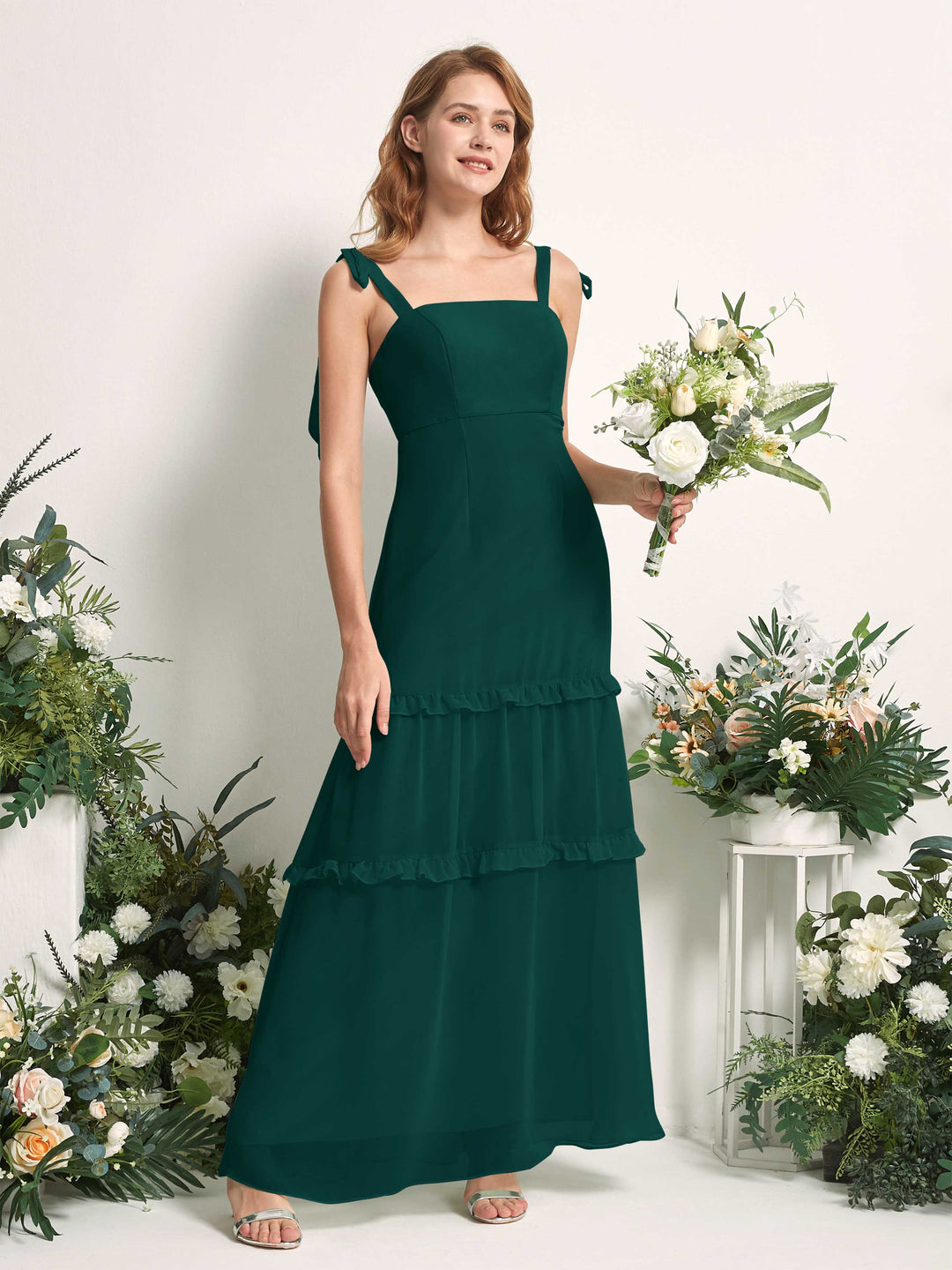 Carlyna A-Linien-Kleid Bodenlang Geradem Ausschnitt Rüschen Chiffon Brautjungfernkleid Dunkelsmaragd 
