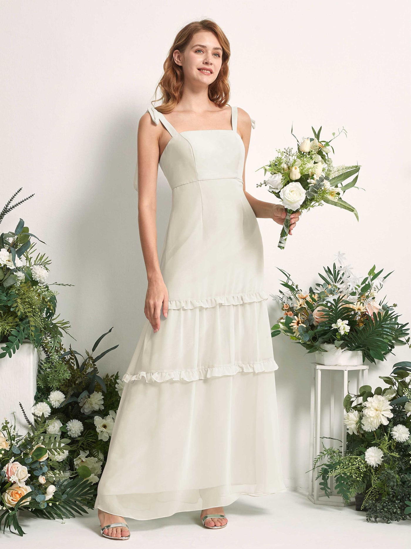 Carlyna A-Linien-Kleid Bodenlang Geradem Ausschnitt Rüschen Chiffon Brautjungfernkleid Elfenbein #farbe_elfenbein